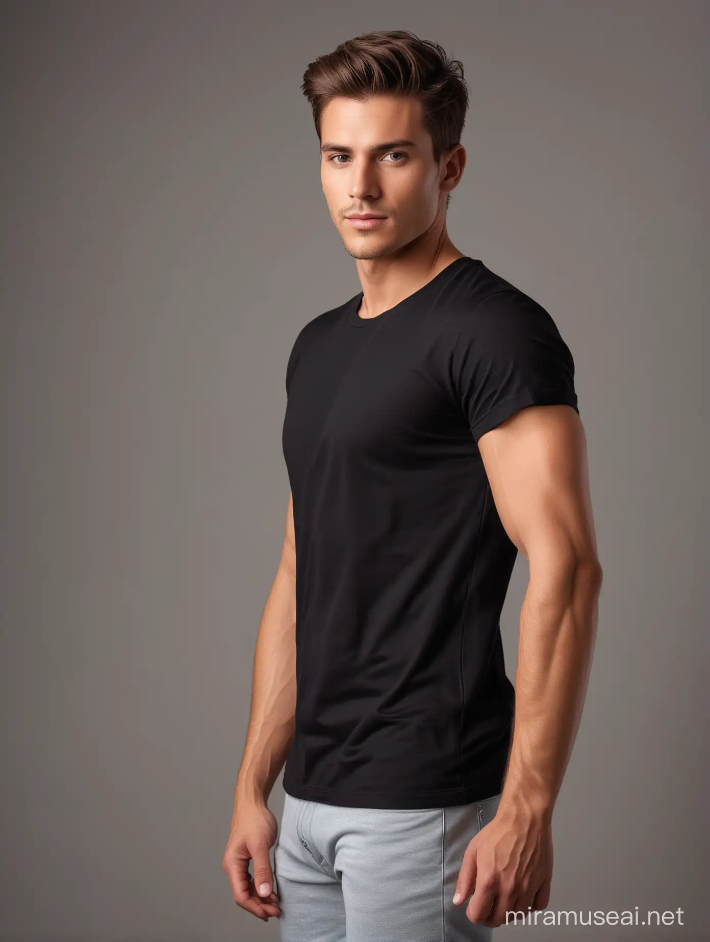 a smart good looking male model   in plain black t-shirt in  Back shot pose (Turn your body away from the camera and face back) in living area in a house modeling for clothing brand with professional lighting