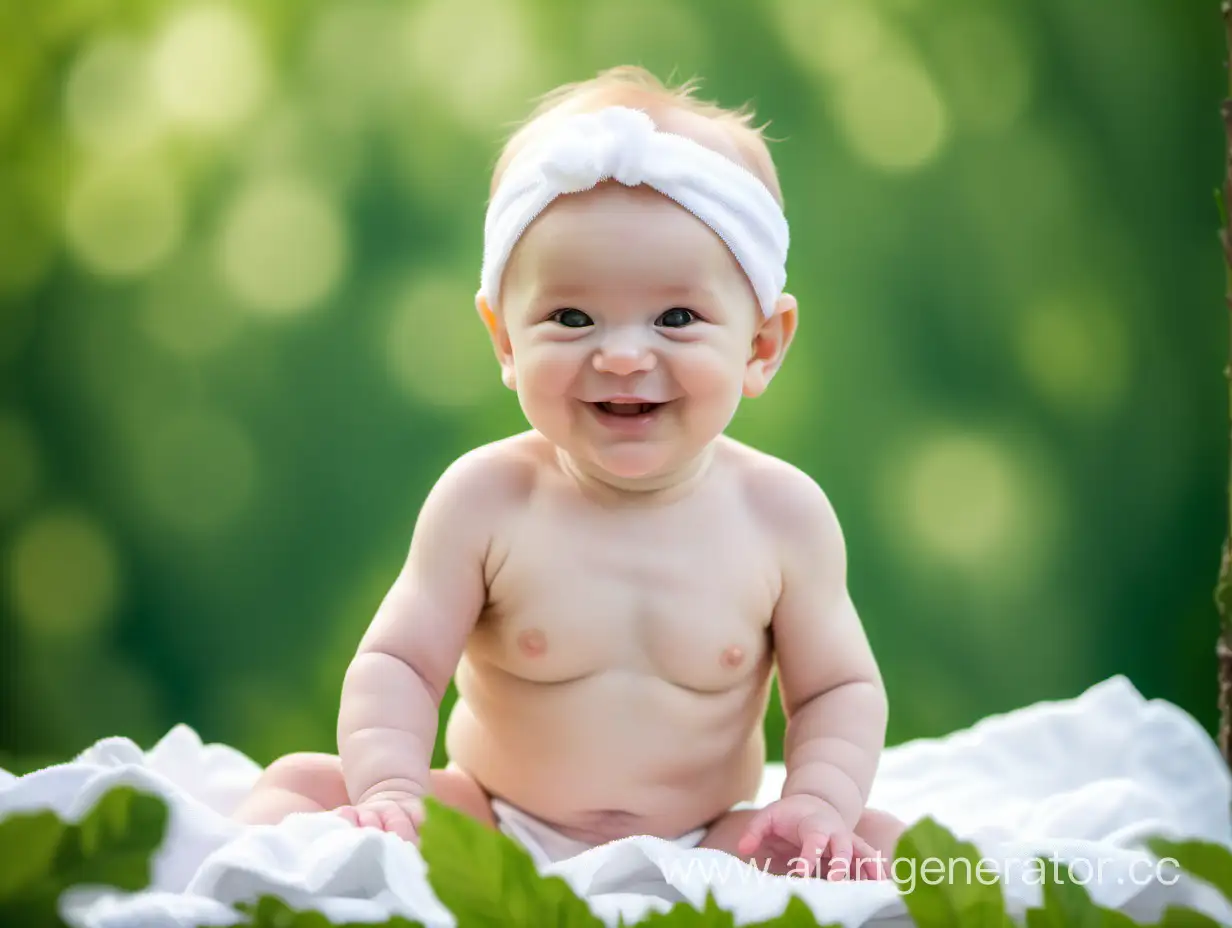 сидящий голый улыбающийся младенец в белых подгузниках, на зеленом фоне. По краям на переднем плане деревья либо кусты с размытым эффектом