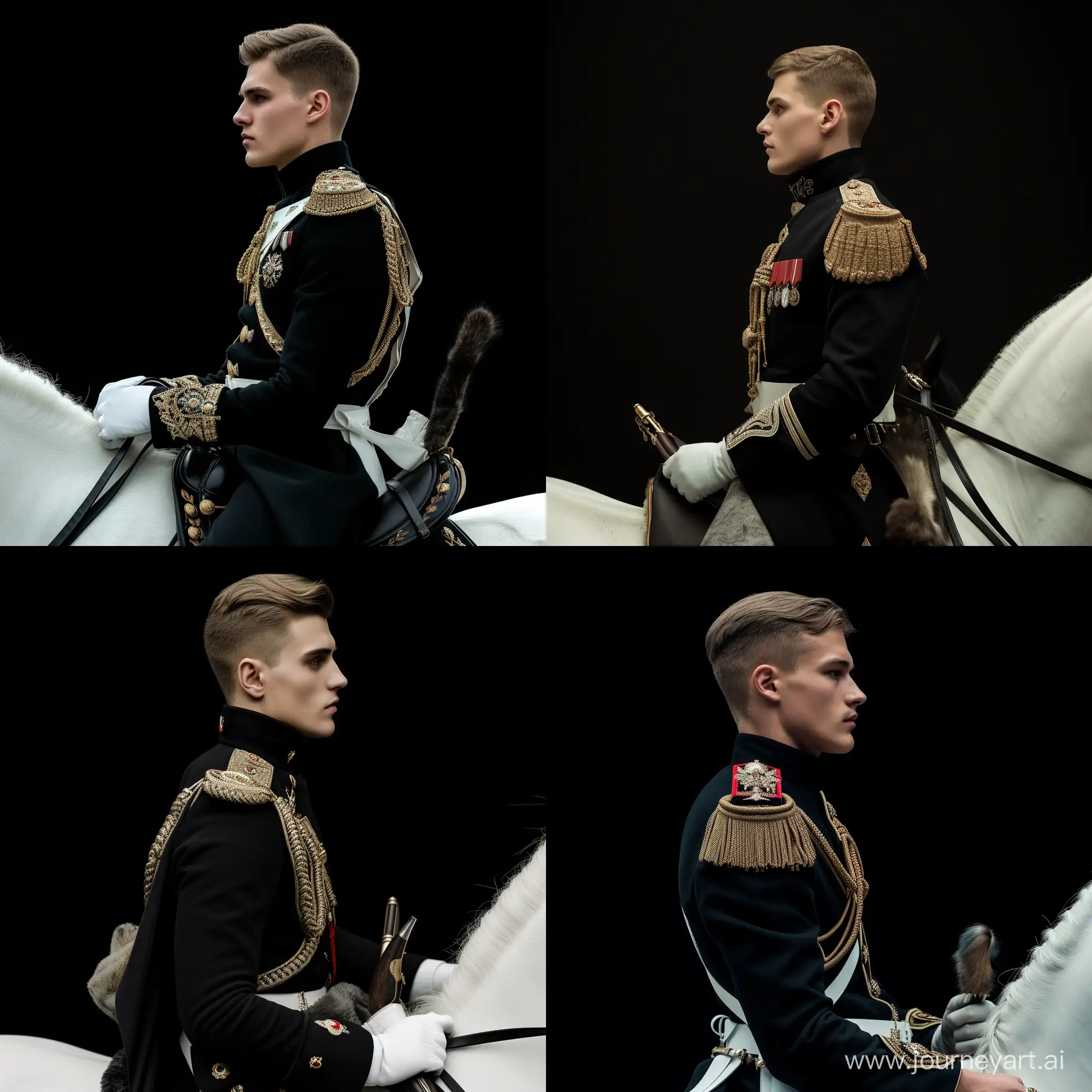 A sophisticated, realistic 4k cinematic photo,young adult, not a mature 17 years old. European appearance with classical medium length haircut, side back hairstlye. He's wearing the ceremonial uniform of Nicholas II, black costume with the. In his right hand is a sable. He is sitting on a white horse, The background is a solid black color. Cinematographic image. The backdrop is a black colour. Side view