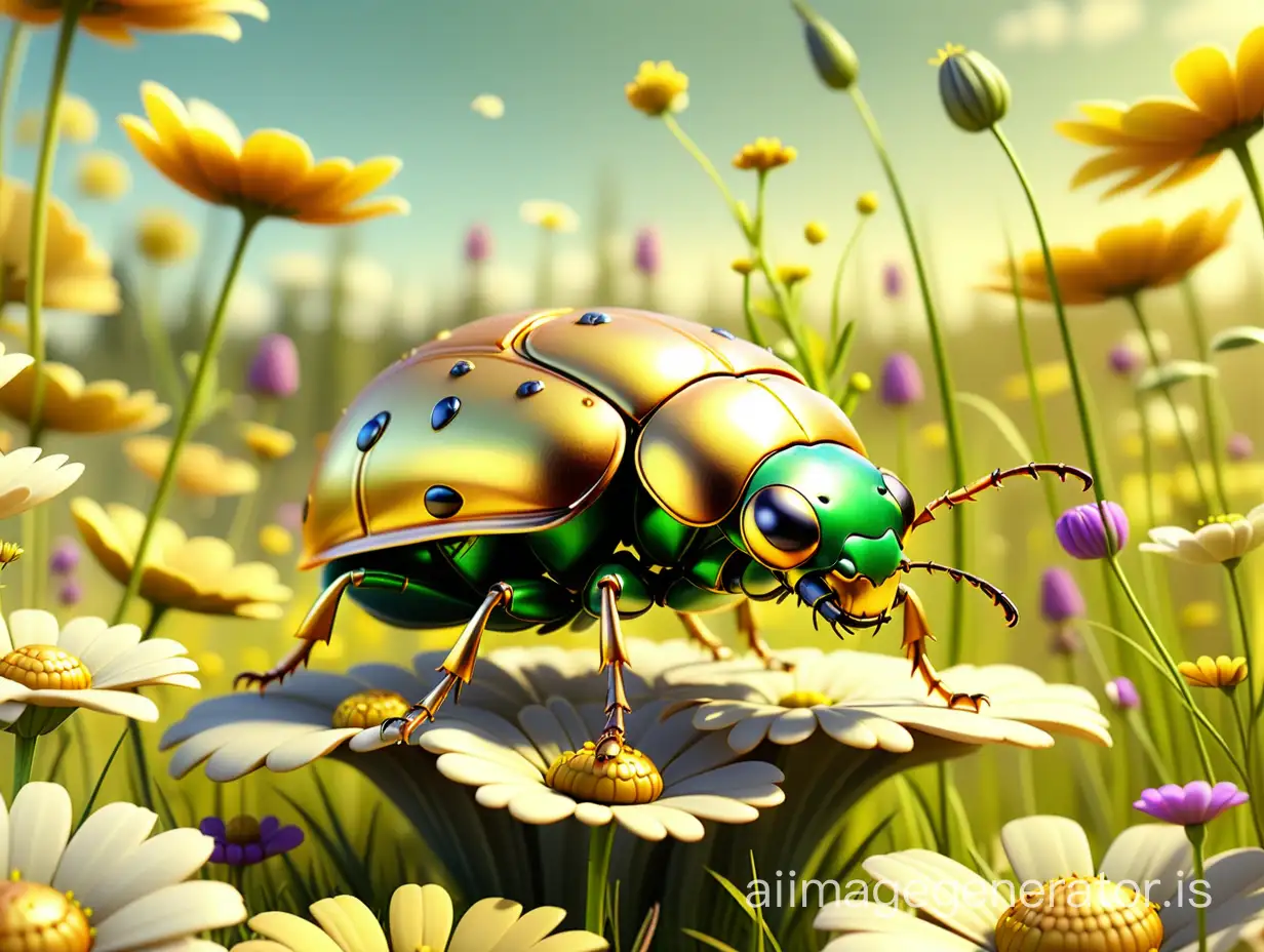 Fairy tale style. A small golden cartoon beetle is looking for food. In the background is a meadow full of flowers. Hyper-real. aspect ratio 16:9
