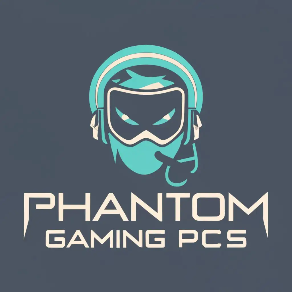 logo, A GHOST LIKE PHANTOM, GHOST HEAD WITH A MASK ON AND A HEADSET TEAL COLOR THEME , with the text "PHANTOM GAMING PCs", typography, be used in Technology industry