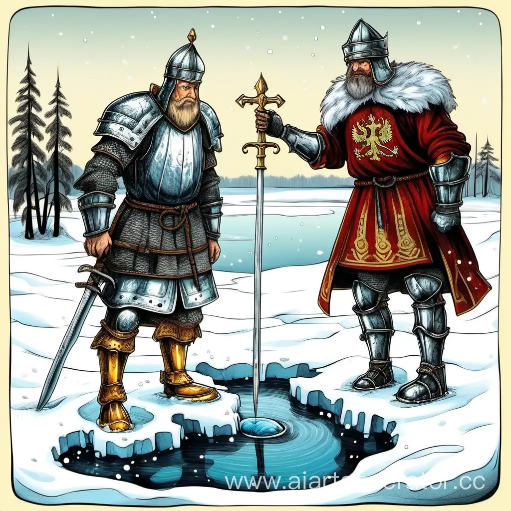 два человека,  русский богатырь стоит на озере ,зима,  рыцарь провалился в прорубь, карикатура