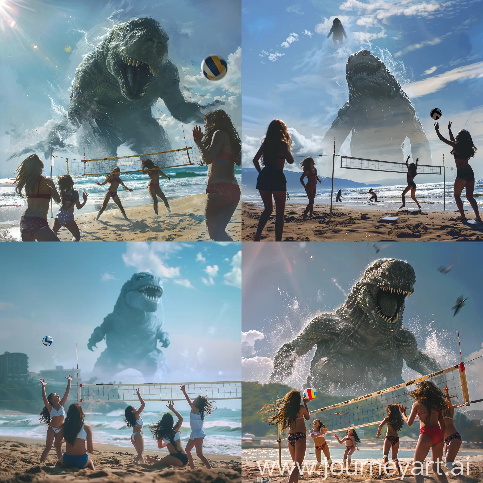 Teen-Girls-Enjoy-Beach-Volleyball-Amidst-Approaching-Sea-Monster