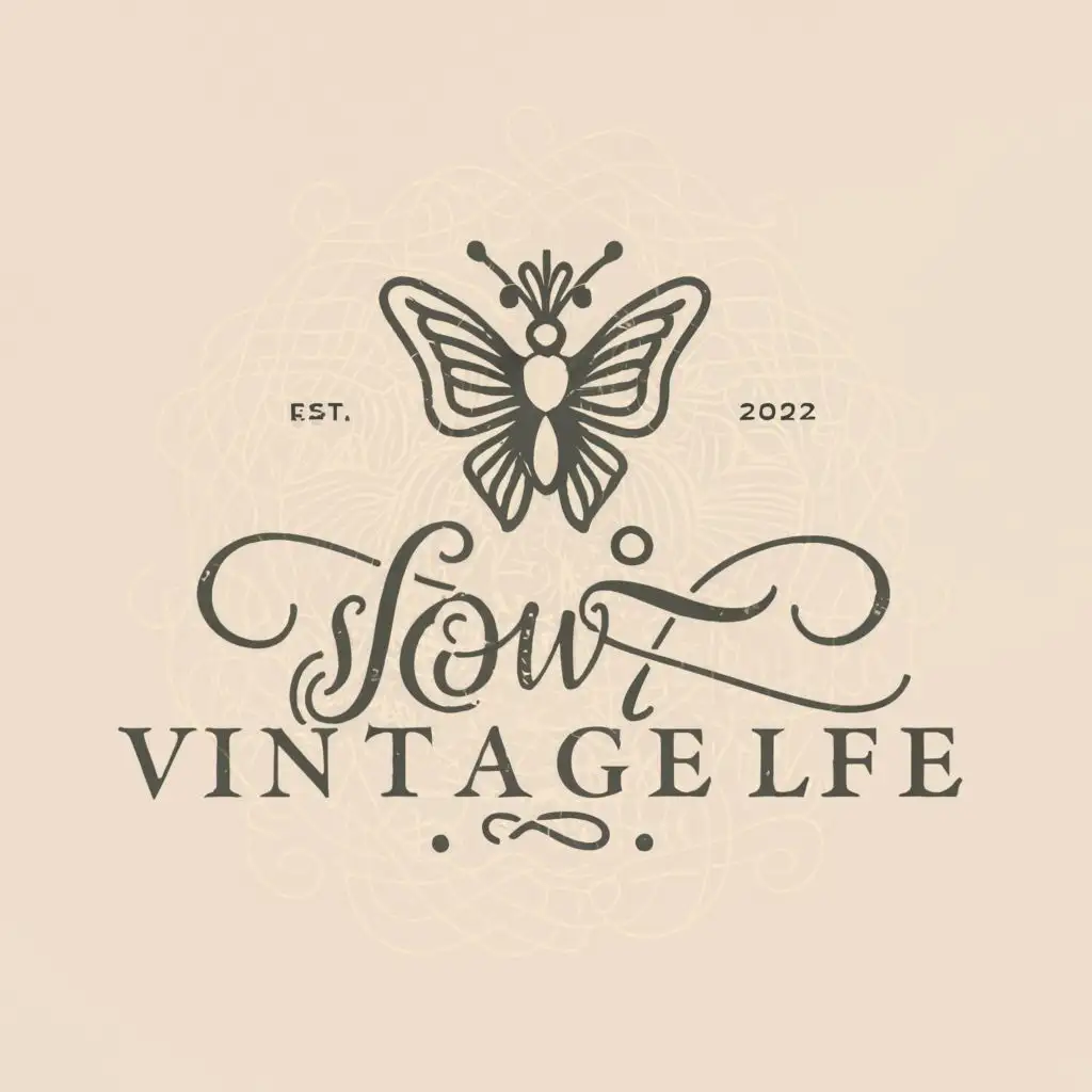 a logo design,with the text "Slow_vintagelife", main symbol:Butterfly, modest dress, basket ,Minimalistic,clear background