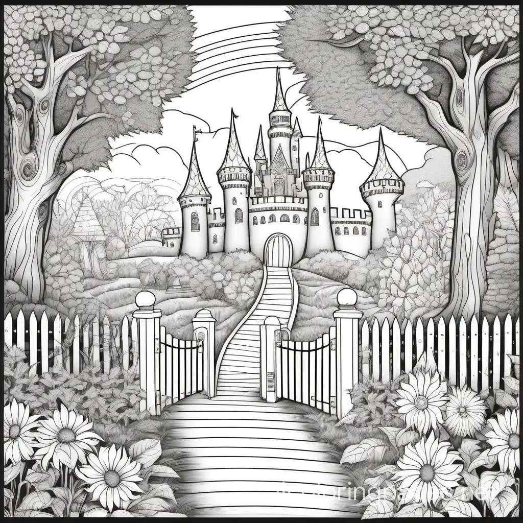 !A detailed, visually appealing, and engaging professional adult coloring page featuring an enchanted forest with a road alongside a gated wooden fence flanked by an old tree, fruit and vegetables, an open book, bears and sunflowers with a rainbow and a sun in the sky using distinct outlines, ensuring ample space for coloring. Refrain from including any shading; the artwork should solely consist of black-and-white line art and a castle, Coloring Page, black and white, line art, white background, Simplicity, Ample White Space. The background of the coloring page is plain white to make it easy for young children to color within the lines. The outlines of all the subjects are easy to distinguish, making it simple for kids to color without too much difficulty