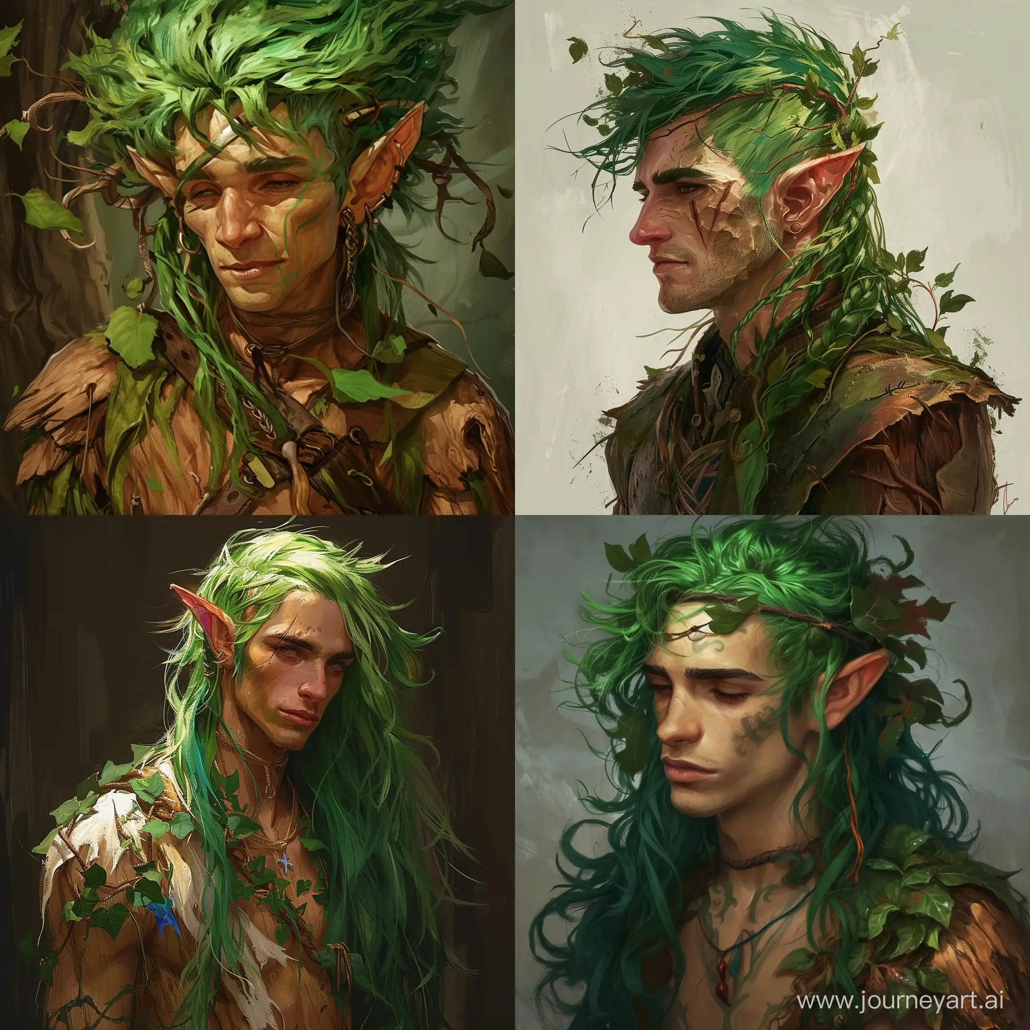 Green hair, man, wooden elf, druid, magic, dungeons and dragons style --v 6 --ar 1:1 --no 81247