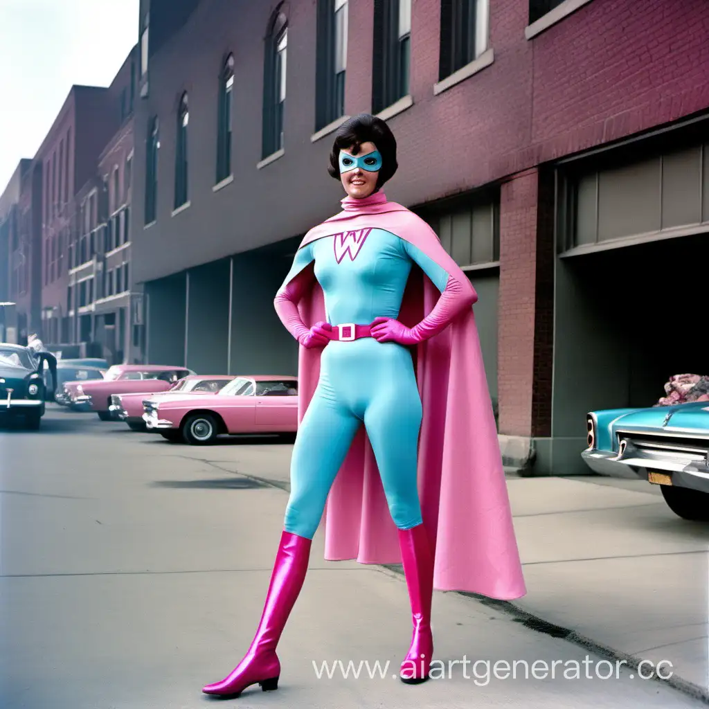 1966 superhero, actress, pink spandex, pink tights, light blue cape, pink gloves, pink mask, light blue boots, uw logo, dark short hair, color photo street,