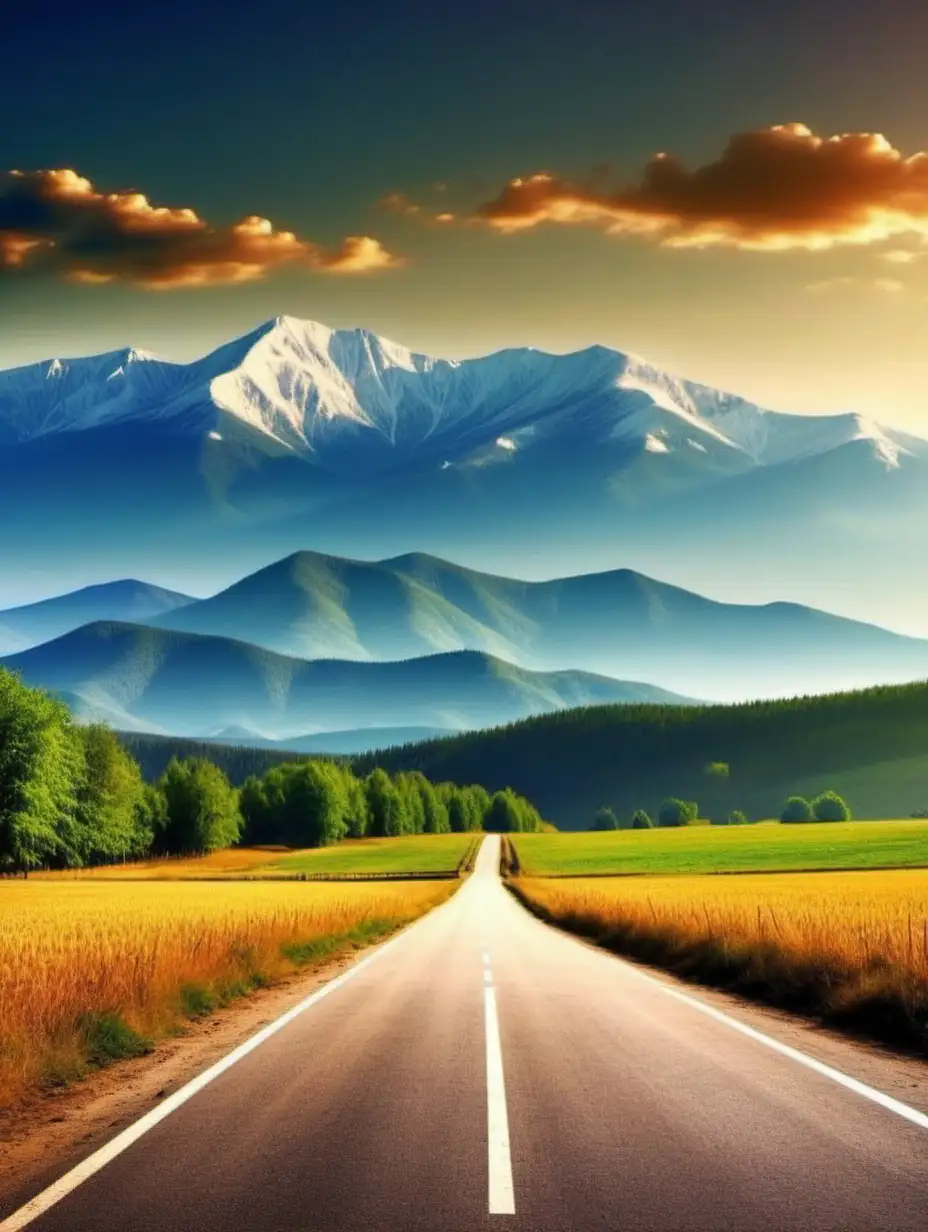 Scenic Country Road Landscape with Majestic Mountains Background