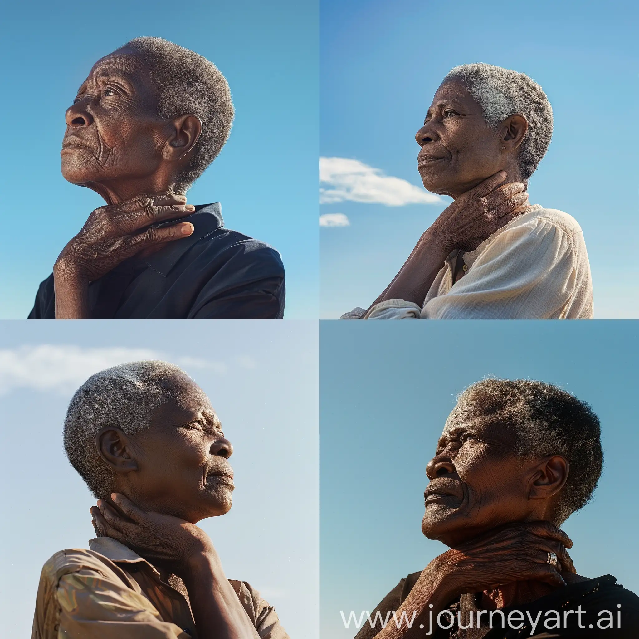 image of a 68-year-old African woman in a side profile portrait, gracefully holding her neck with a reflective expression. on a bright sunny day. She has short hair