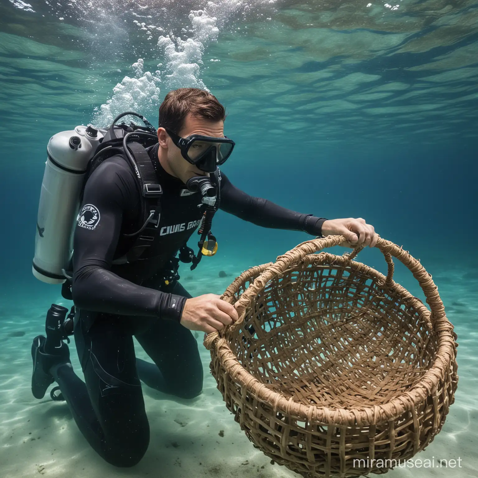 man in scuba gear weaving a basket under water
