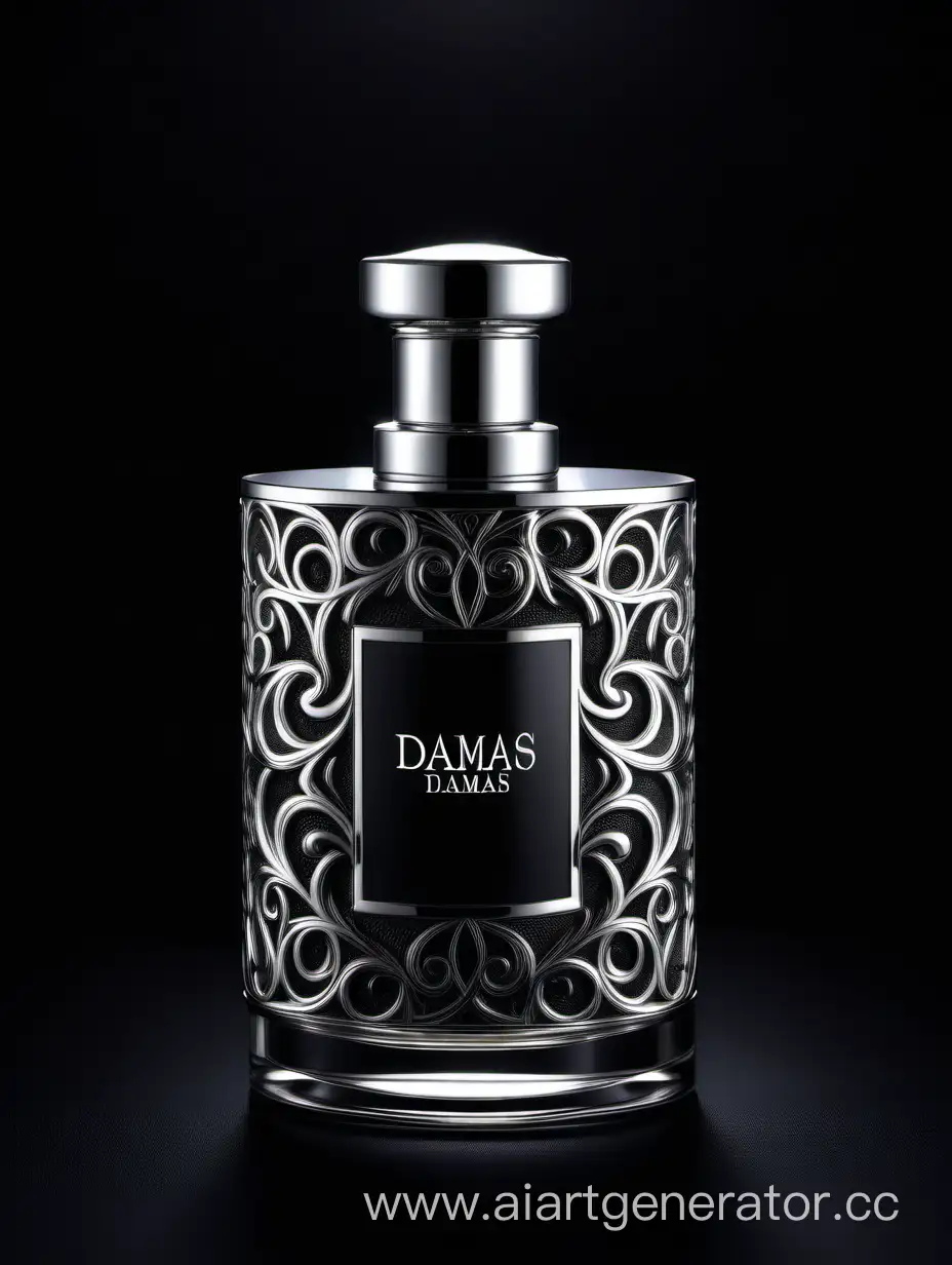 Exquisite-3D-Silver-and-Dark-Matt-Black-Perfume-Against-Elegant-Damas-Text-Logo-on-Black-Background