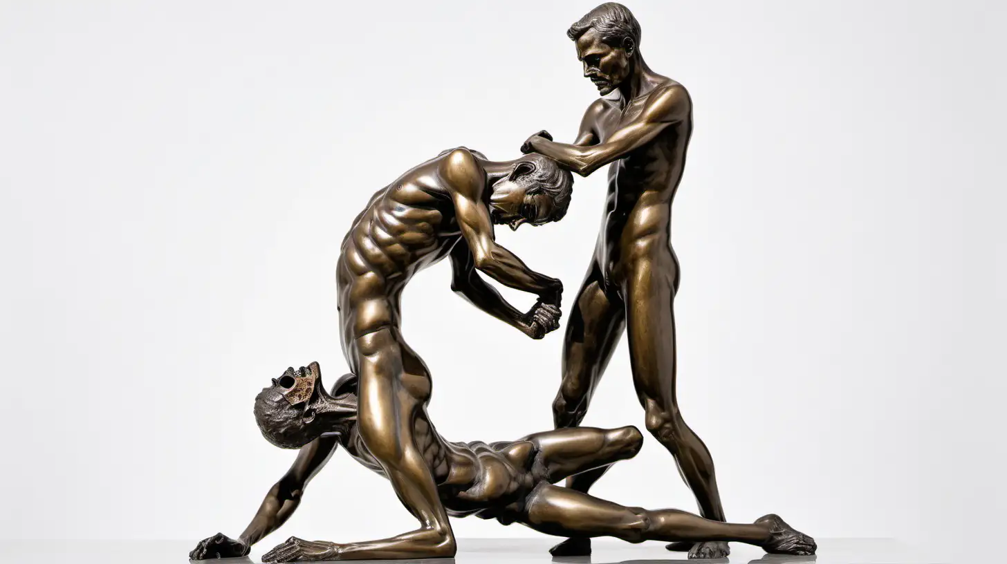 A modern bronze sculpture of a man who is carrying a supine dead man on his arms like a baby. The standing man is struggling to hold the other man's body in his arms because it is dead. They are in front of a white background.