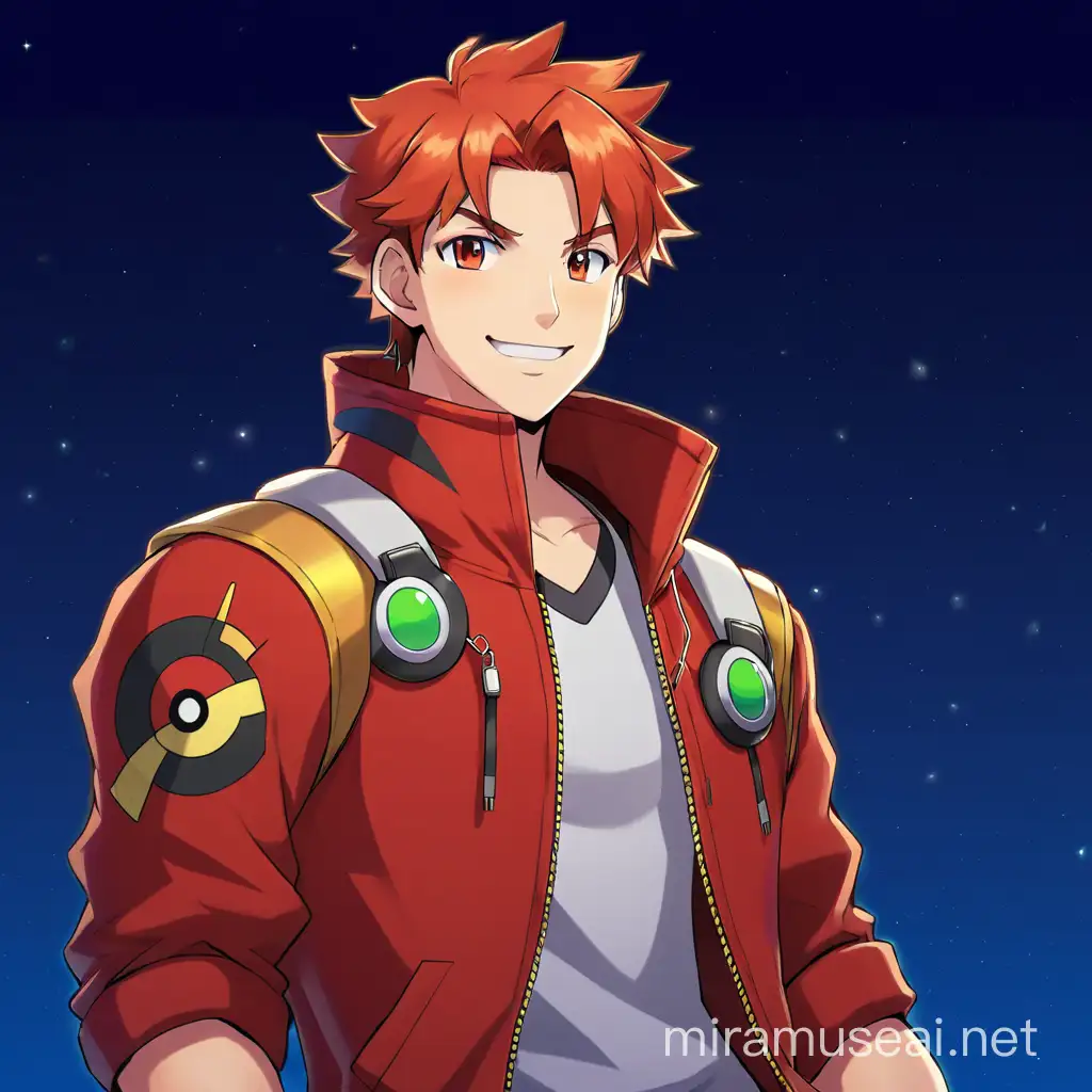 Pokemon-style  young man, with golden eyes, red hair, short hair, a red hoodie, smile, looking at the camera