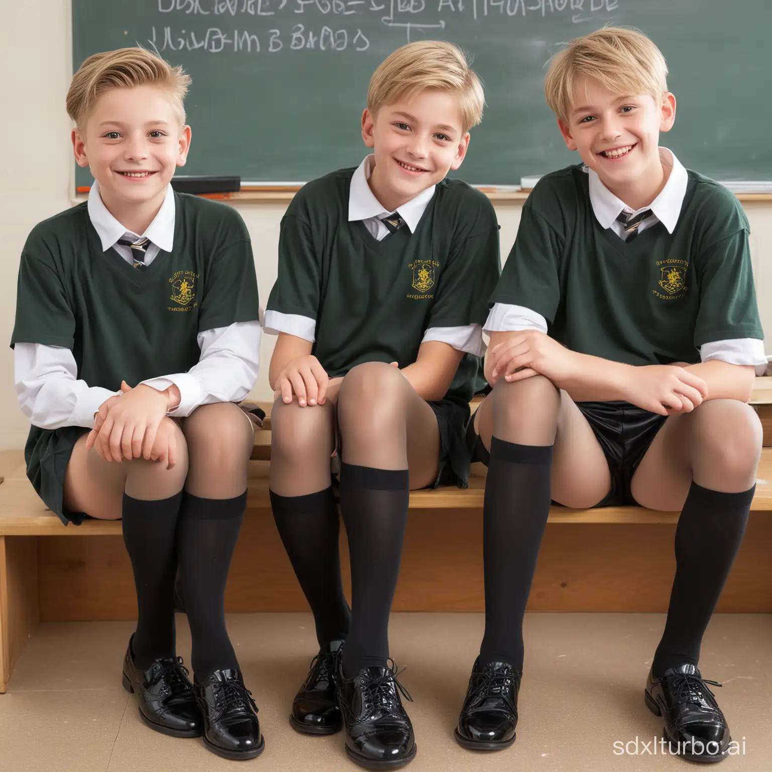 blonde boys sit in a classroom, (wearing sheer black pantyhose and long charcoal socks: 1.4), (shorts:1.3), (shoes: 1.2), smiling faces