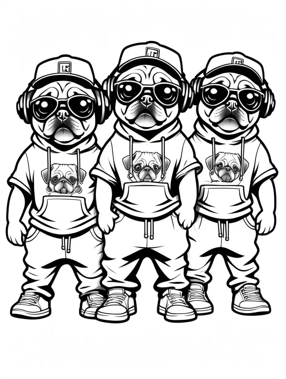 black and white cartoon outline of 3 cute pugs wearing hip hop style baggy pants, shoes, and t-shirt holding microphones for a coloring book, outline only, thick black lines, solid white background, no logo