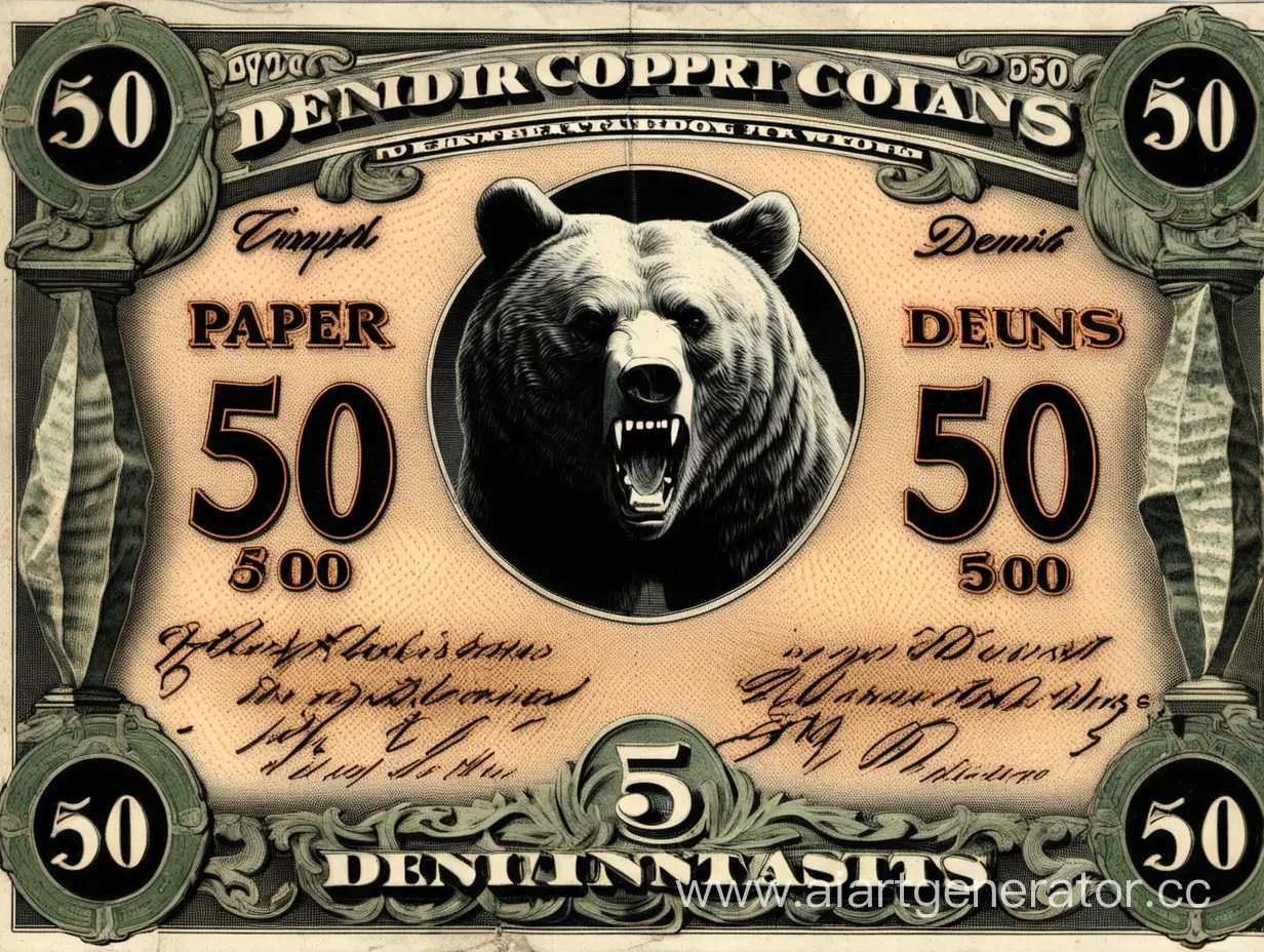 бумажные деньги с изображением зубов медведя и номиналом "50 Медней" 