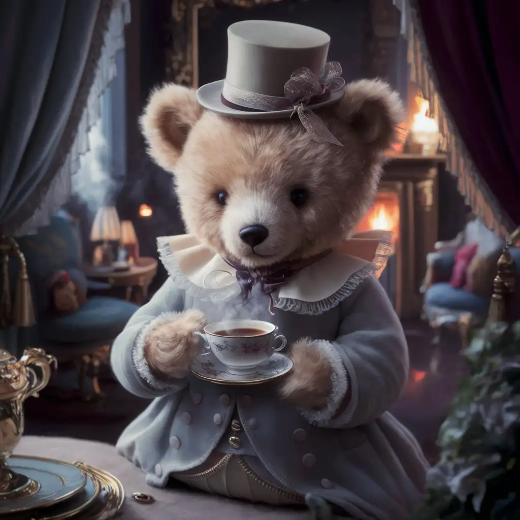 real photos showing a real funny smiling cute teddy bear in elegant victorian era outfit holding a delicate cup of coffee.  I would like the photo to create an atmosphere of luxury and charm of the Victorian era.