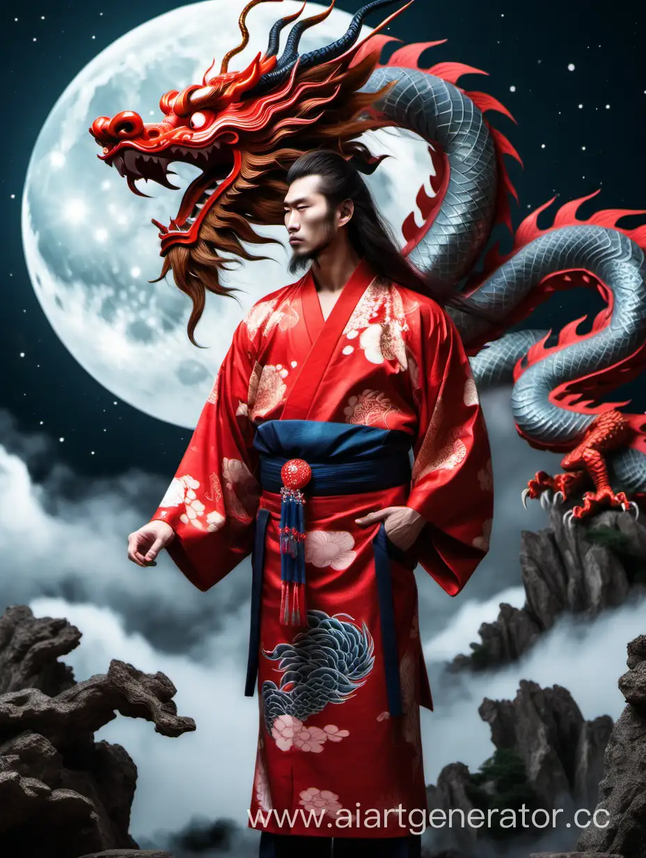 Mystical-Encounter-KimonoClad-Figure-Surrounded-by-a-Red-Chinese-Dragon-Under-the-Moonlight