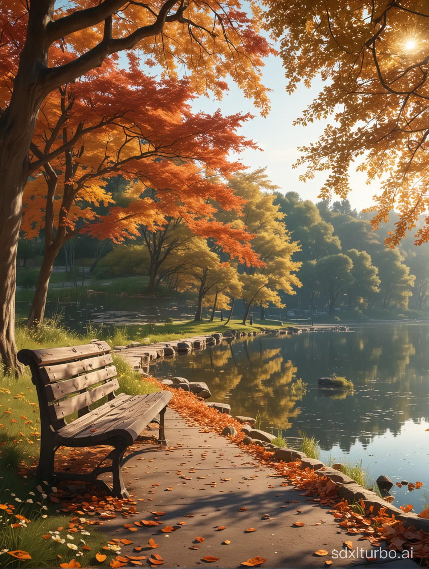 (傑作) まだらの照明に花のパッチがある湖の近くの公園のベンチの正確なアニメ 8K 壁紙, 木々や紅葉に囲まれた早朝は静かで誰もいない. (最高品質)