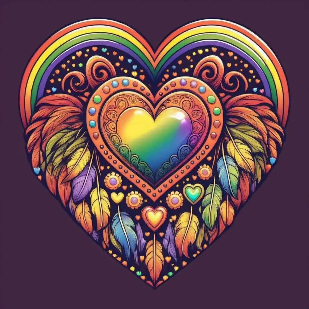 Whimsical Cartoon Boho Rainbow Heart in Fantasy Style