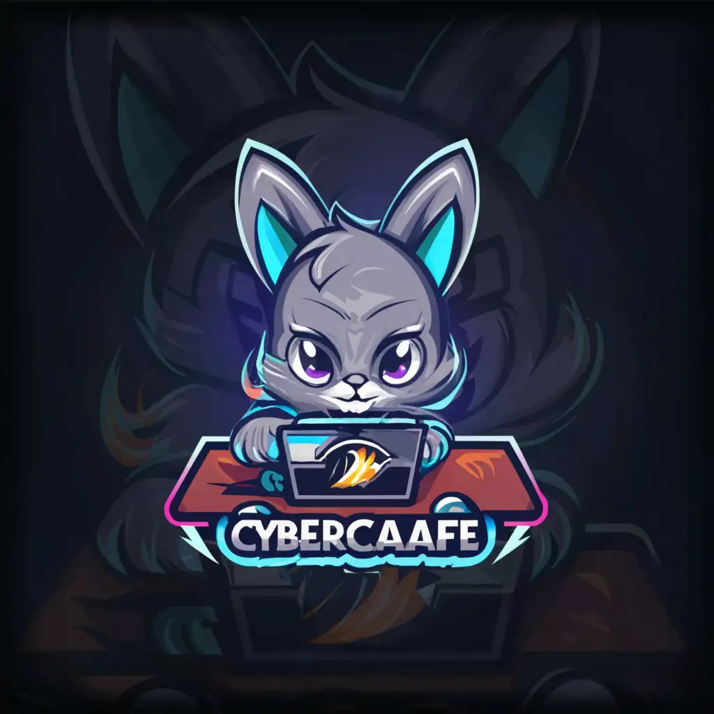 a logo design, with the text 'AJK CYBERCAFE', main symbol: cool or cute bunny, internet cafe, dark, cool, Moderate, to be used in Internet industry, clear background