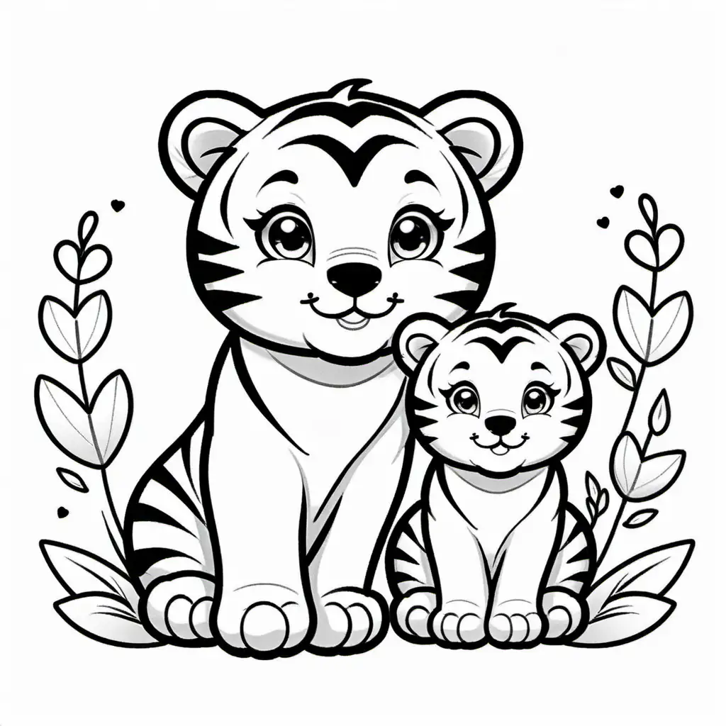 Baby Tiger and smile mama tiger , Coloring Page, black and white, line art, white background, Simplicity, Ample White Space. The background of the coloring page is plain white to make it easy for young children to color within the lines. The outlines of all the subjects are easy to distinguish, making it simple for kids to color without too much difficulty