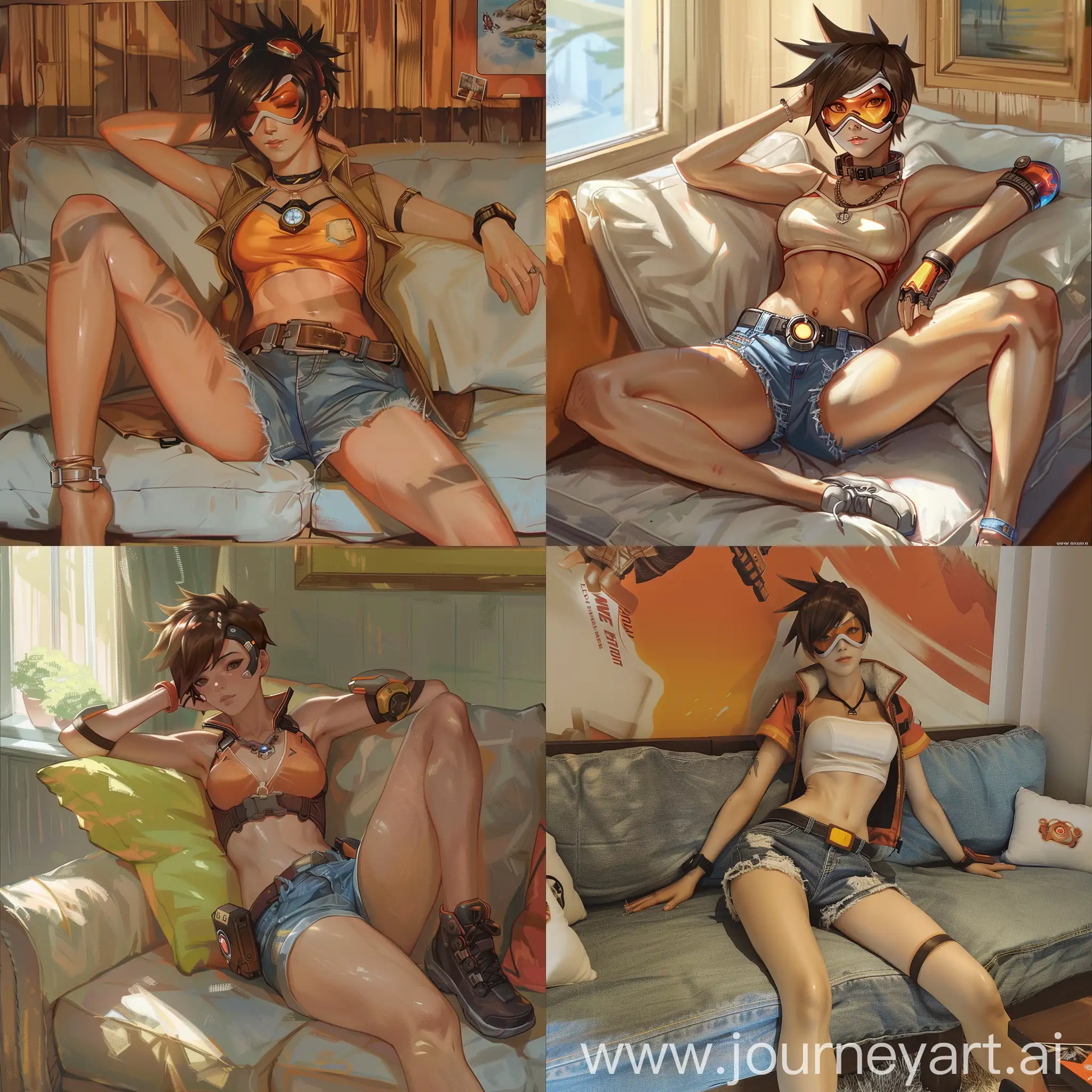 tracer from overwatch on a couch, jean shorts
