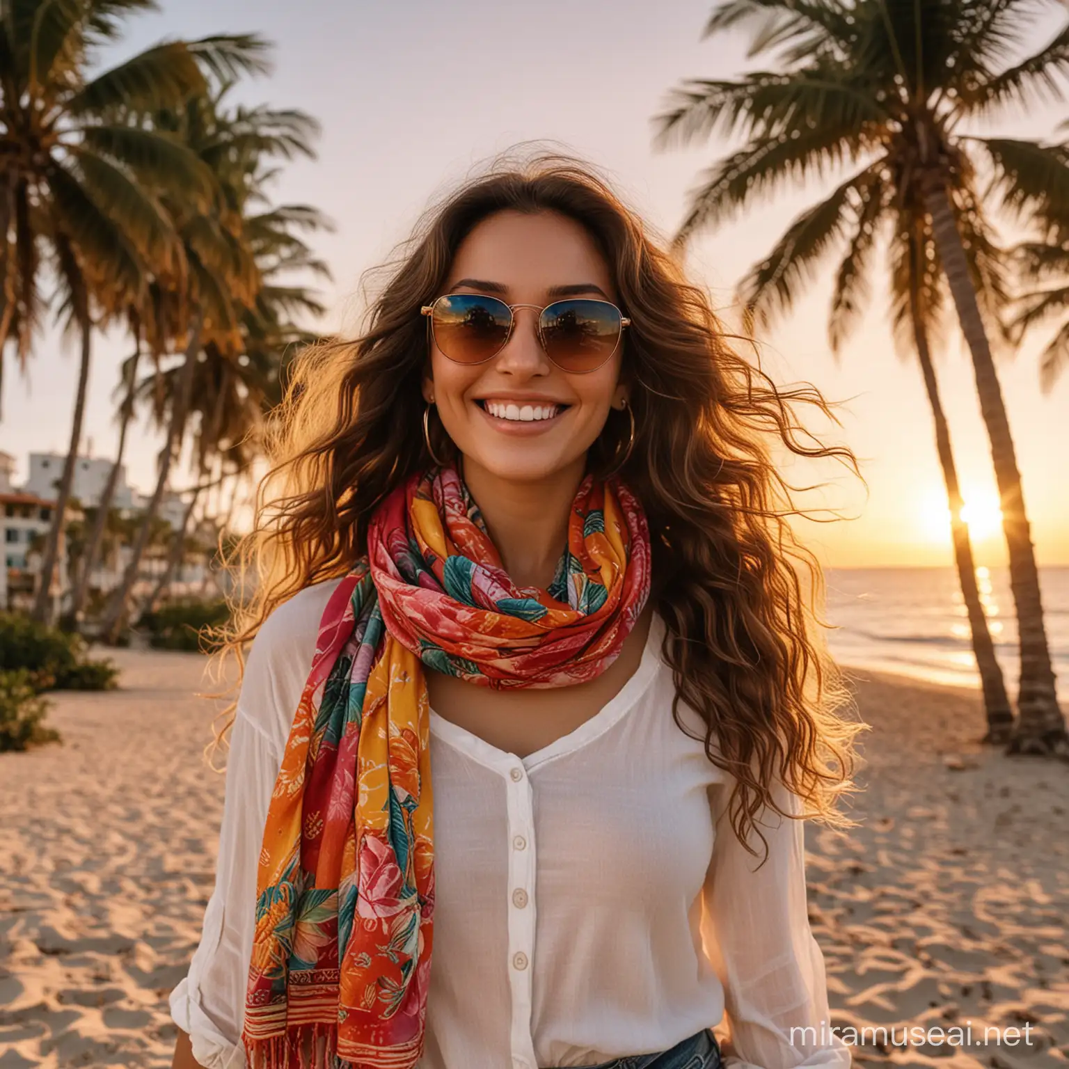 Smiling Woman on Tropical Beach with Camera and Cocktail