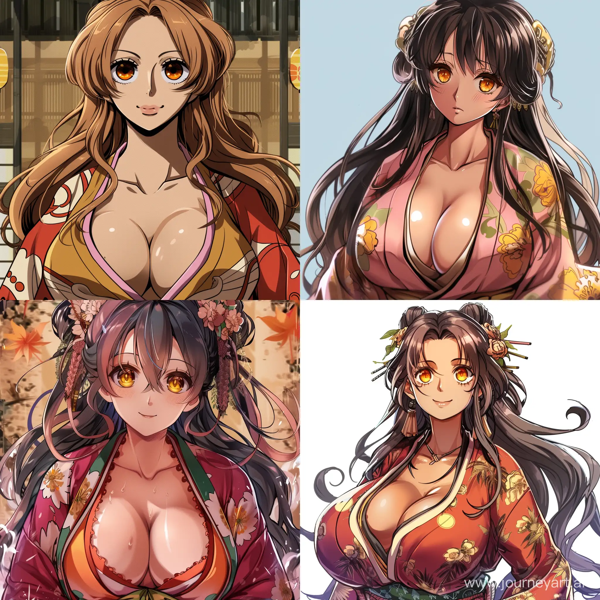 female samurai, long hair, in kimono, big breast, amber eyes, in "One Piece" manga style