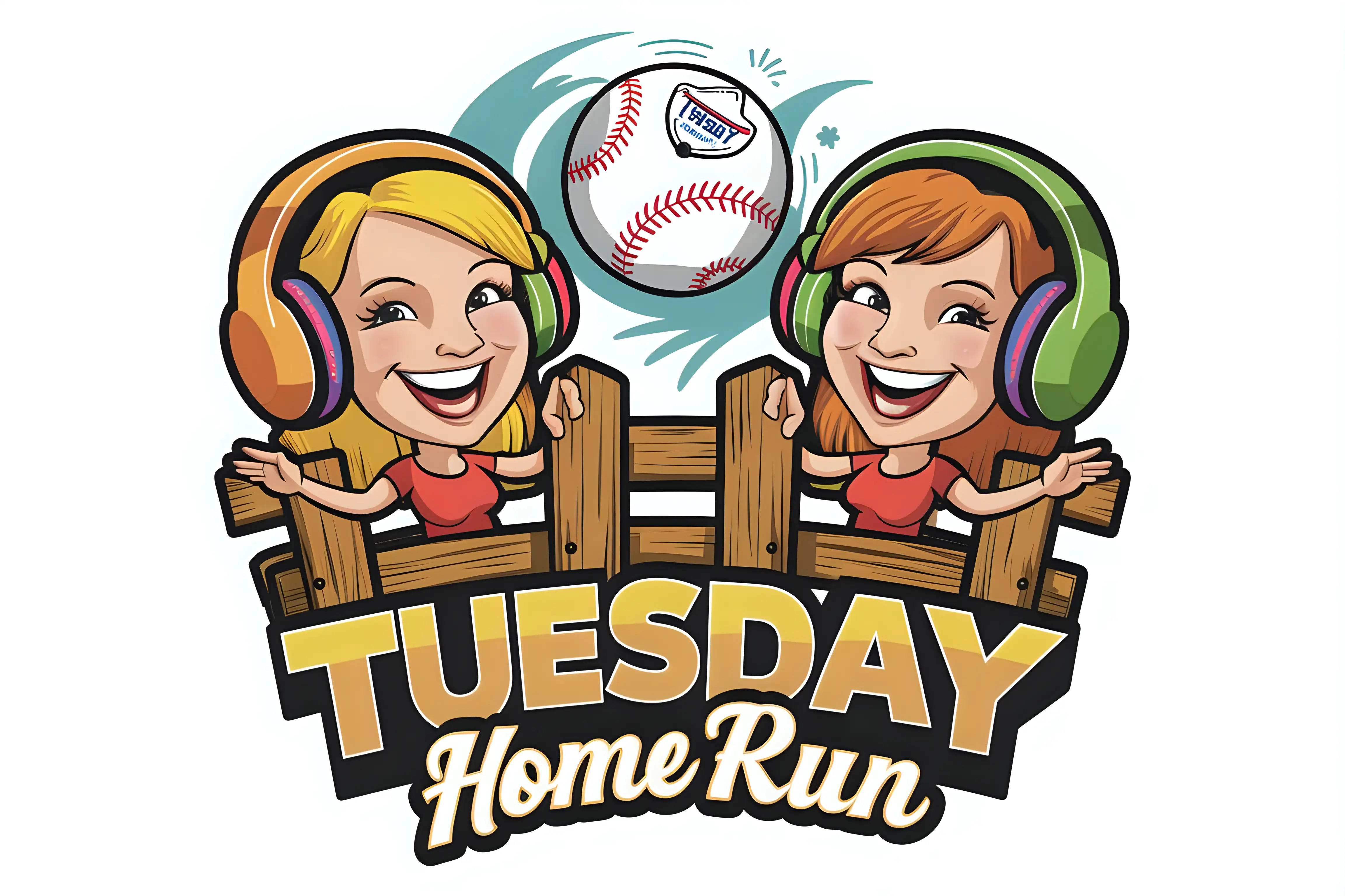 Buisness logo "Tuesday home run with Laura and Stevie" 2 animated ladies standing on the sides of a sturdy wooden fence smiling wearing headphones 


