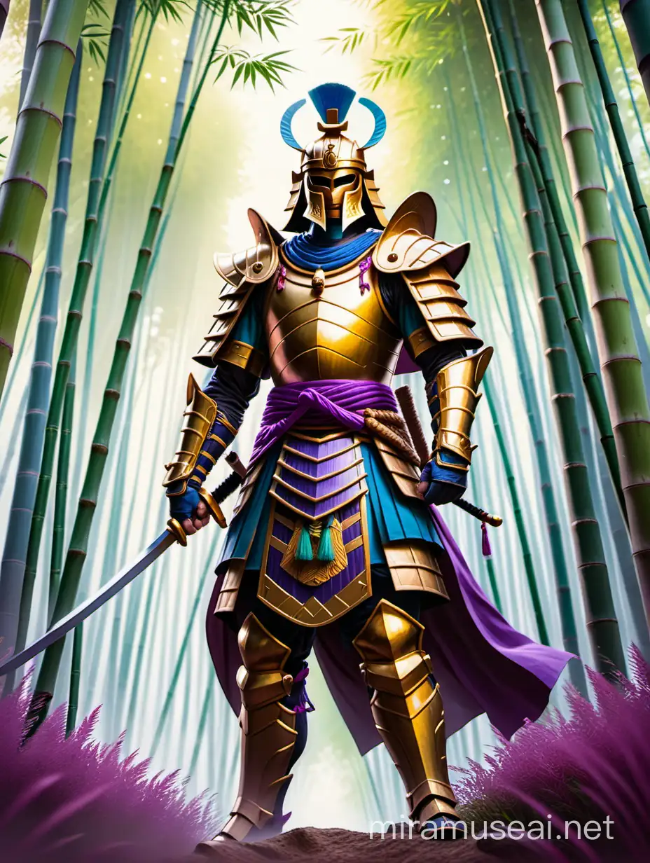 samurai in low angle in a bamboo forest with a golden chestplate, violet cloth and blue armor with a ancient egypt inspiration and digital painting style