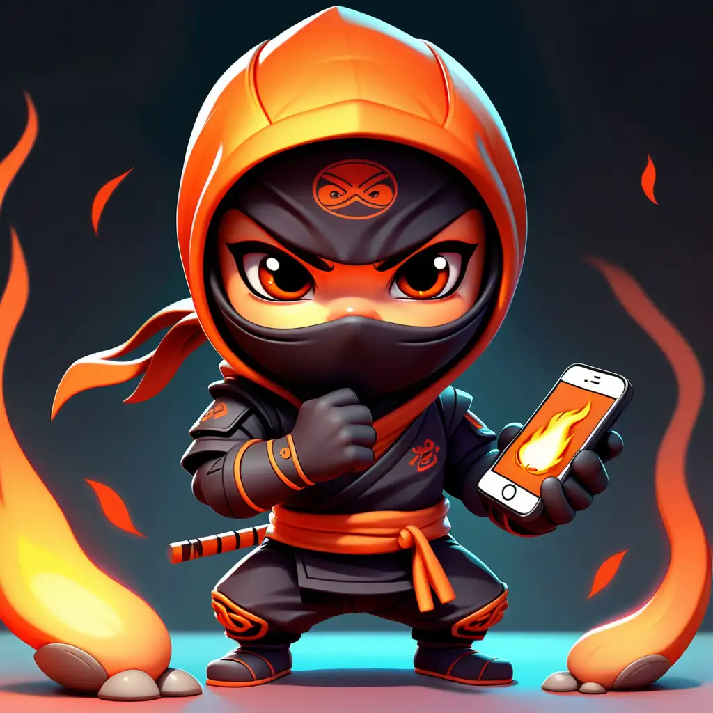 süßer mini ninja, Flammenoutfit, handy in der hand, comic style, hohe details