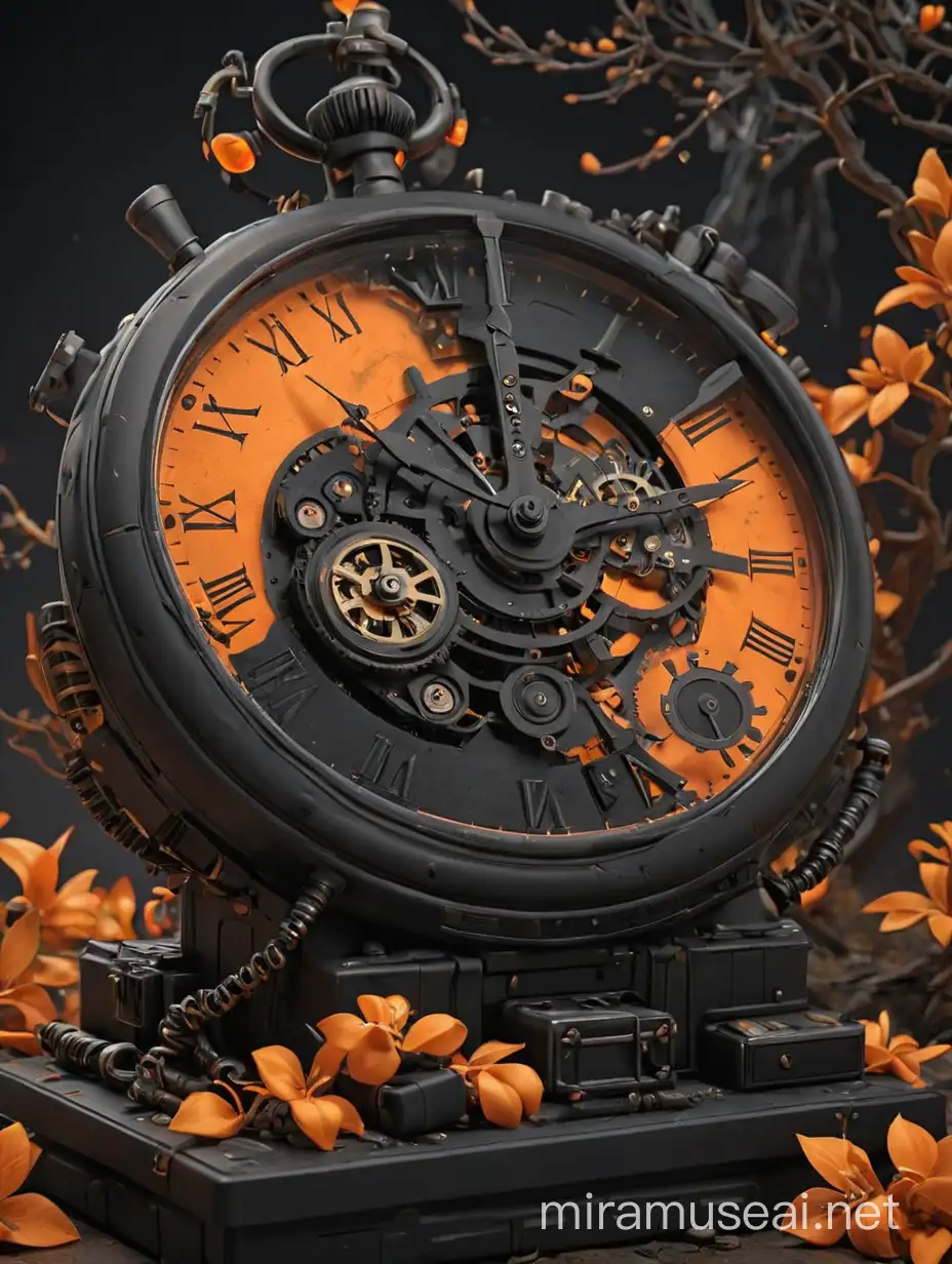 a present day scenery with black and orange theme and time machine