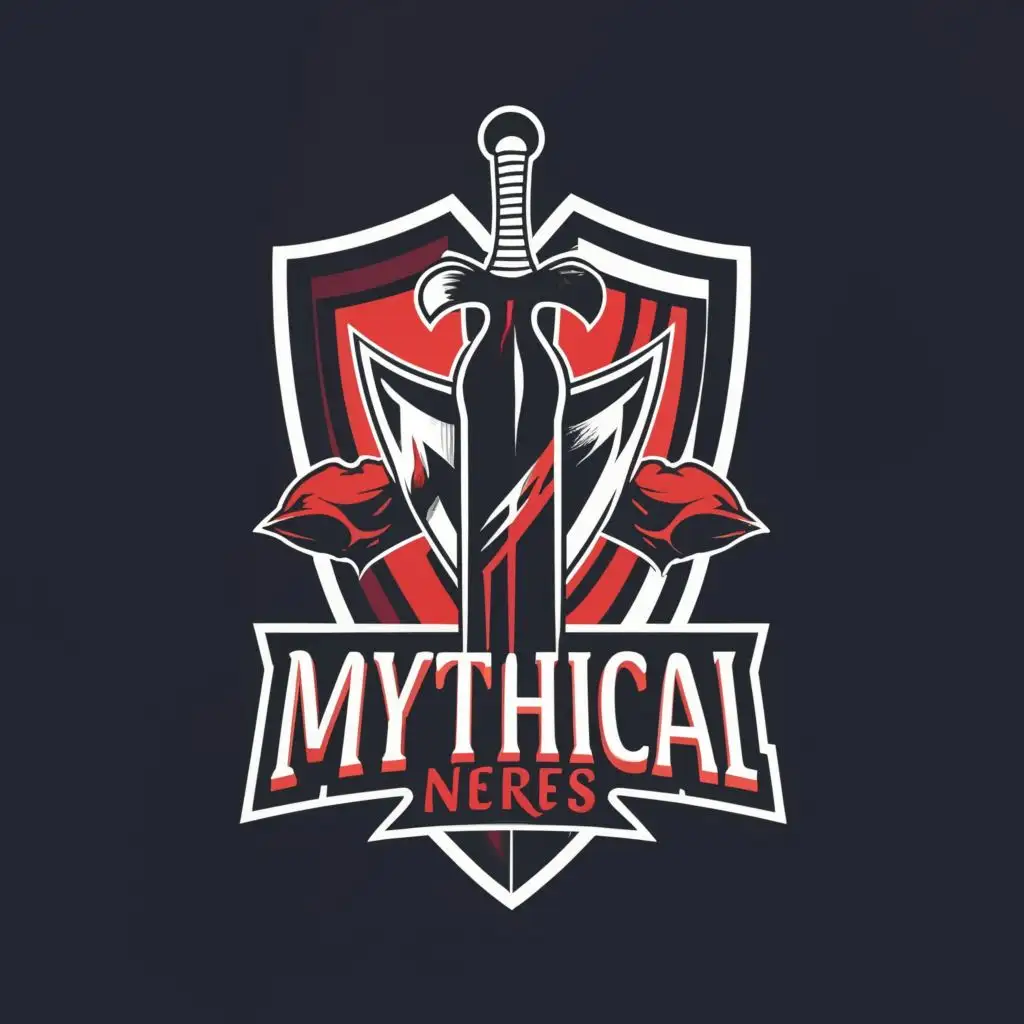 logo, shield and sword, with the text "MYTHICAL NERFS", typography, be used in Sports Fitness industry
