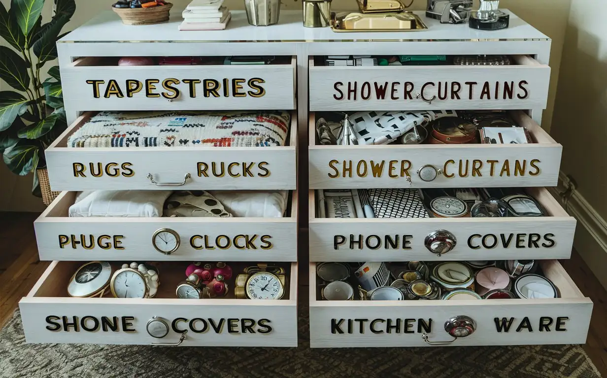  a dresser with each drawer  labeled .tapestries on drawer front , rugs on second drawer, Shower curtains on third and so forth, Pillows, Clocks, Phone covers, Seat covers, Kitchen ware