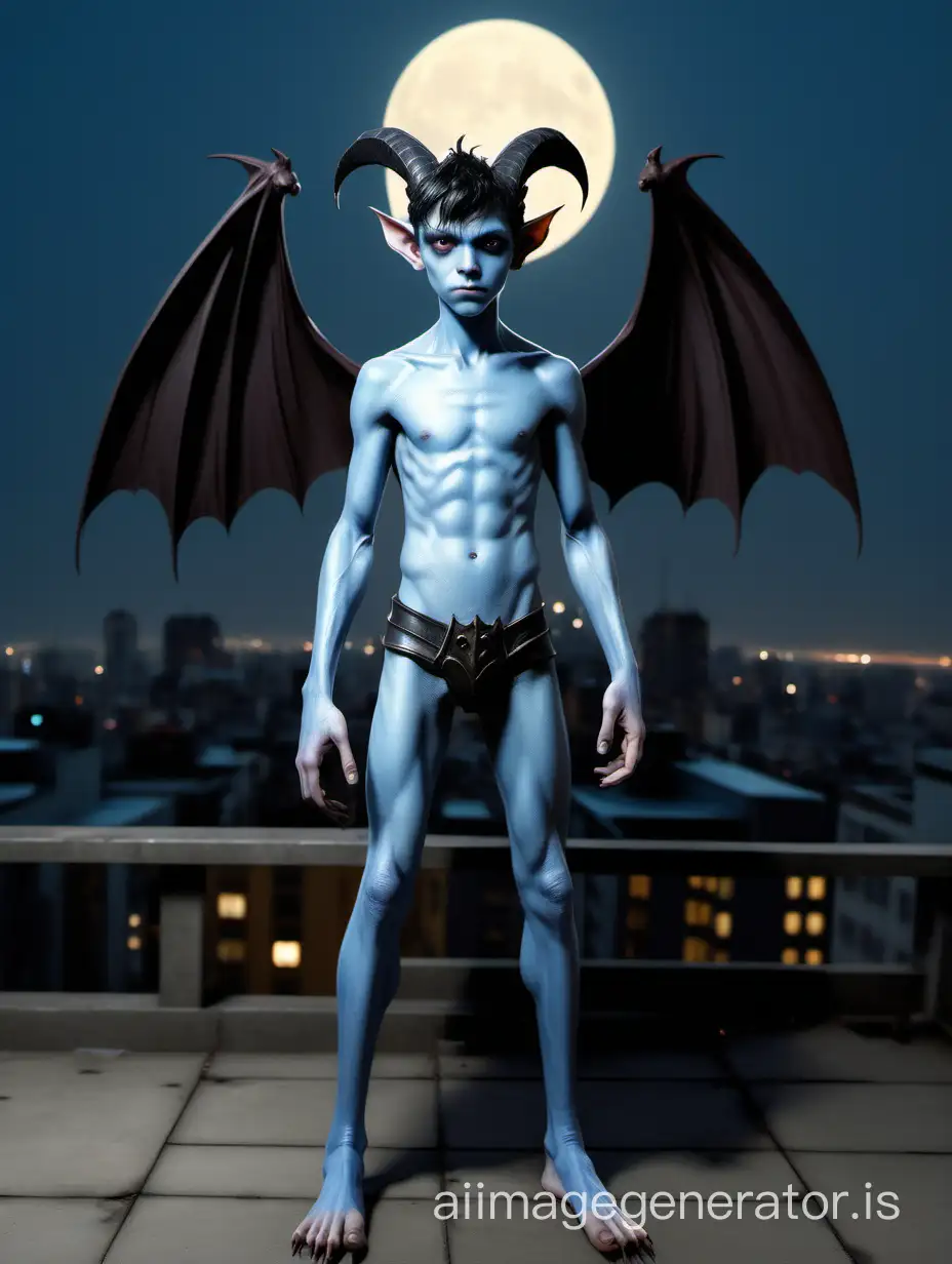 Adolescent-BlueSkinned-Winged-Boy-on-Rooftop-at-Night