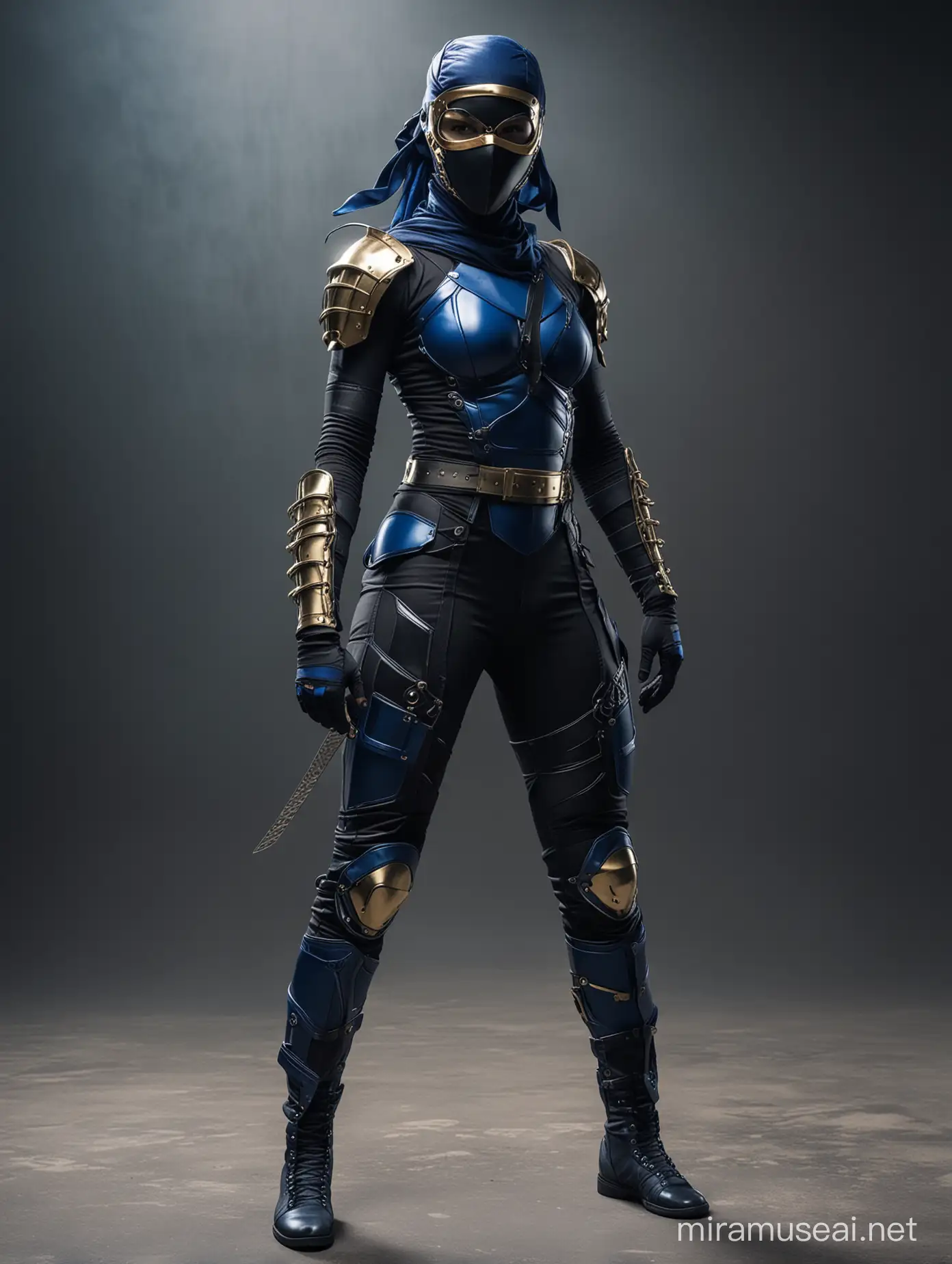 urban ninja, sleek, blue and black colour scheme, head to toe, gold accents, silver mesh on arms, mask, cinematic promo shot, full body