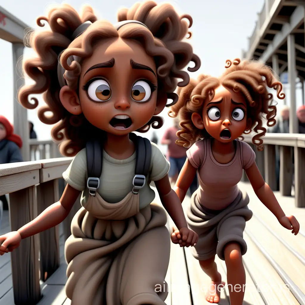 A 5year old brown skinned girl with beautiful round eyes and long lashes, two curly ponytails  being dragged by the had by her mother on the boardwalk. While two homeless men get warm by fire that’s in the barrel underneath the boardwalk