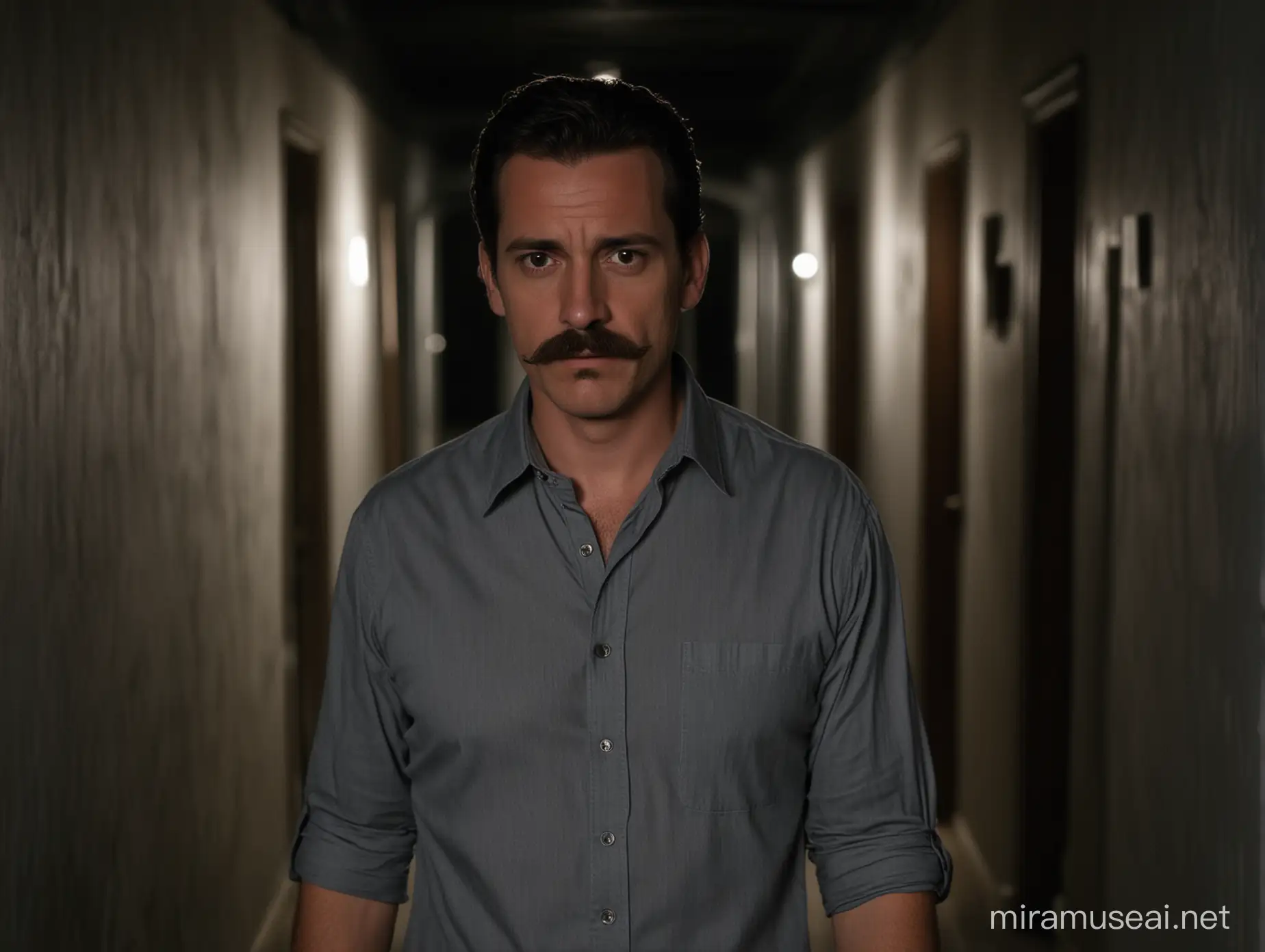 Serious Man with Mustache Walking Through Dark House at Night