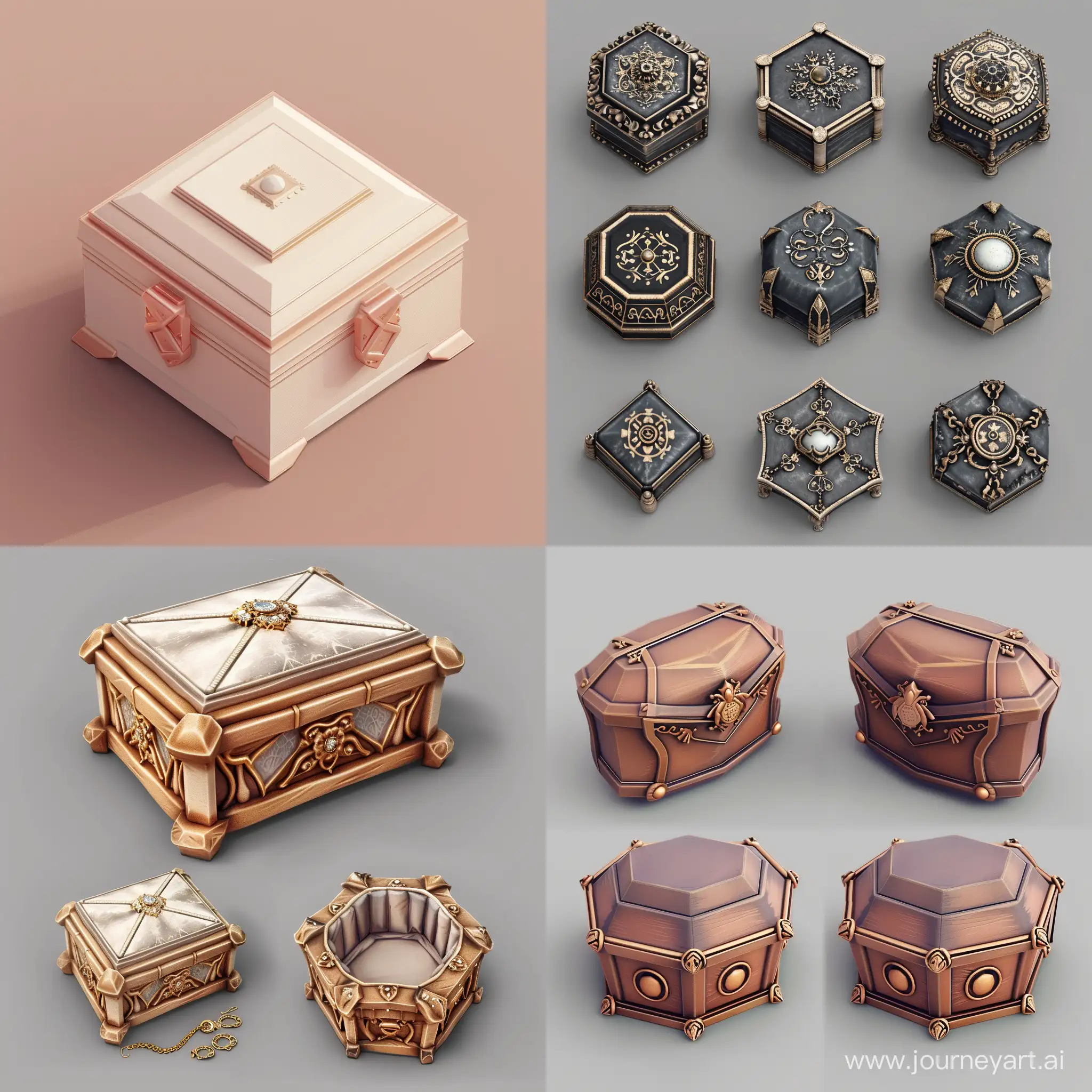 isometric realistic closed simple old jewelry box set pentagon, 3d render, stalker style