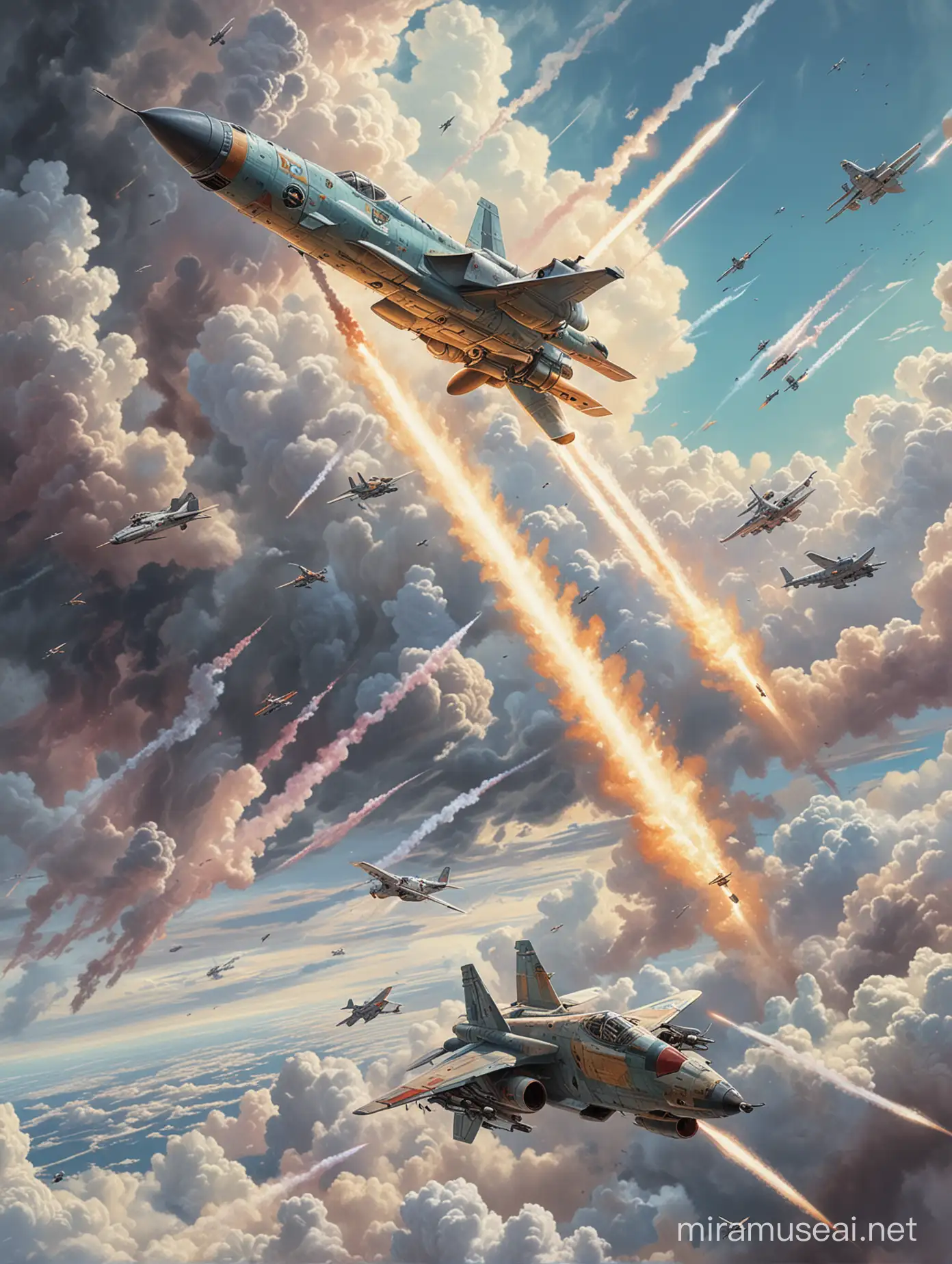 Highly detailed painting, wide view, a dogfight in a cloudy sky between (((only two))) science fiction rocket ships, one rocket ship fires a laser beam at the other, otherwise the sky is empty except for clouds, use muted pastel colors only, high quality