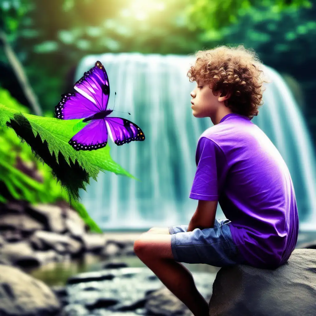 Colorful Butterfly Drinking Water by the Waterfall Alongside CurlyHaired 16YearOld