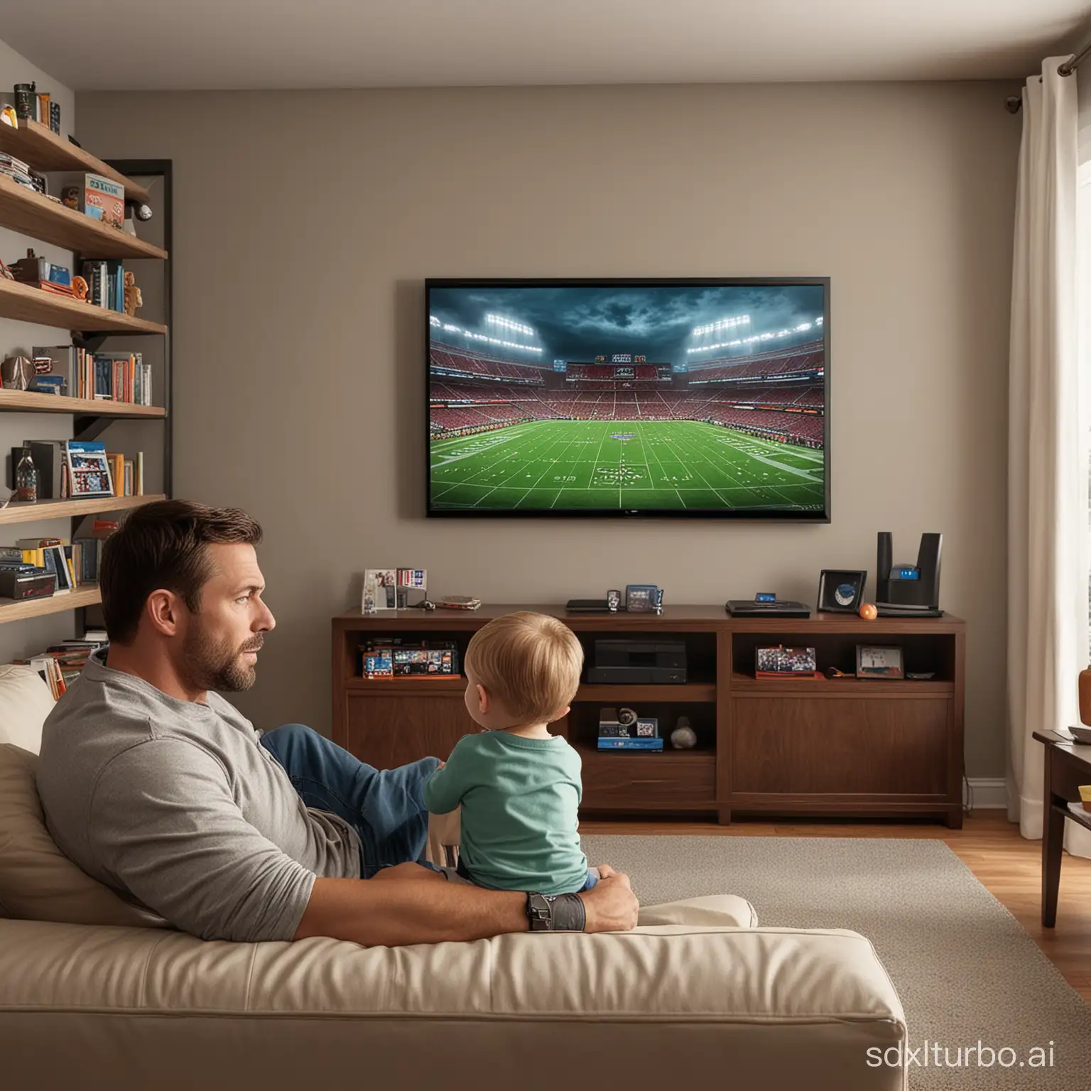 "Photorealistic image of a man and his son watching NFL at home."