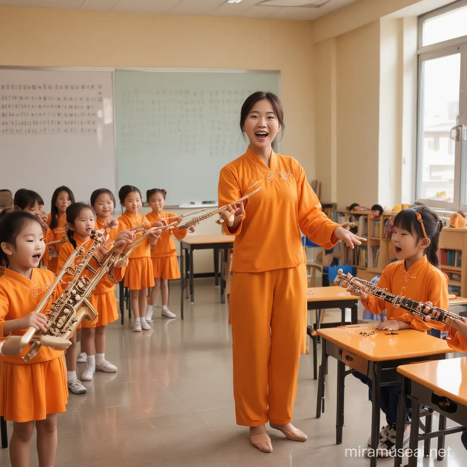 背景橘色，一些中国小朋友在音乐教室弹奏乐器、唱歌、跳舞；老师在旁边指导