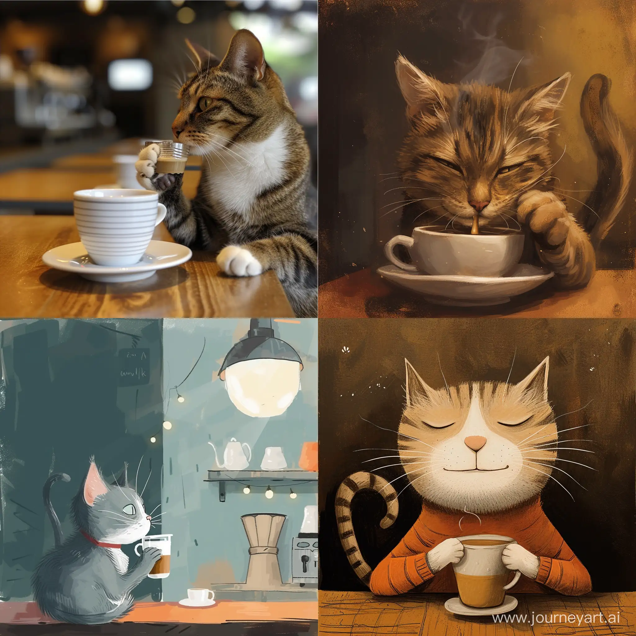 Adorable-Cat-Enjoying-a-Cozy-Coffee-Moment-in-a-Charming-Cafe