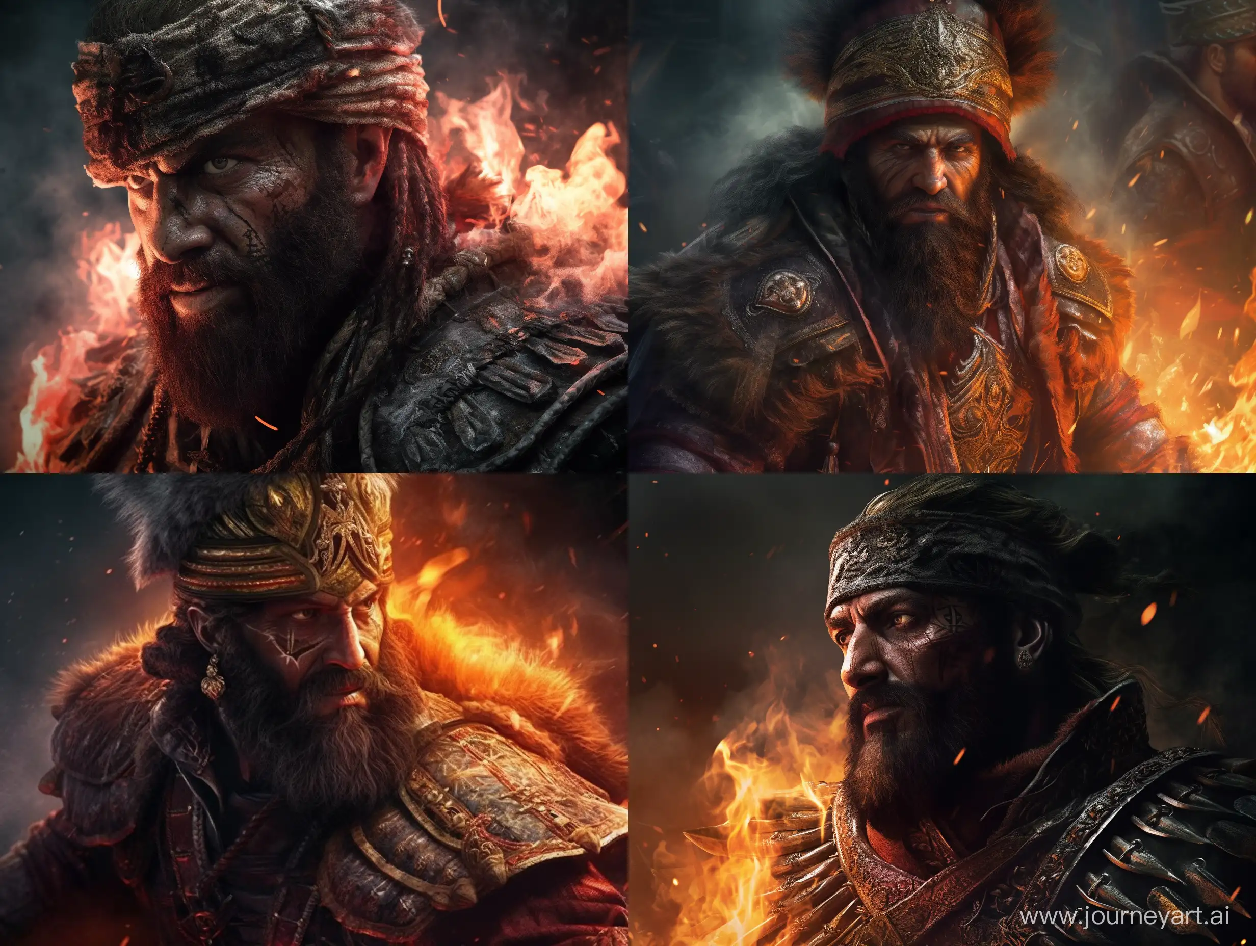 /imagine prompt: A photorealistic photo that captures the essence of Blackbeard the pirate in the middle of a war. The atmosphere is intense, with the lighting emphasizing the details of the fire and smoke around him. The image has a high quality, with intricate details in Blackbeard's face and clothing. Blackbeard is shown in a close-up, with a confident expression on his face as he looks straight ahead. His beard and hair are wild and unkempt, adding to the intensity of the scene. The background is filled with smoke and fire, emphasizing the chaos of the war around him. The composition is dramatic, with the focus on Blackbeard and his commanding presence. The image is highly detailed, with intricate details in Blackbeard's face, clothing, and surroundings. The image has a high quality, with a resolution of 8K that allows for every detail to be seen clearly. It's a perfect fit for those who appreciate the intensity and drama of historical battles and the iconic figure of Blackbeard the pirate. --ar 4:3 --s 1000 --v 5 --q 2