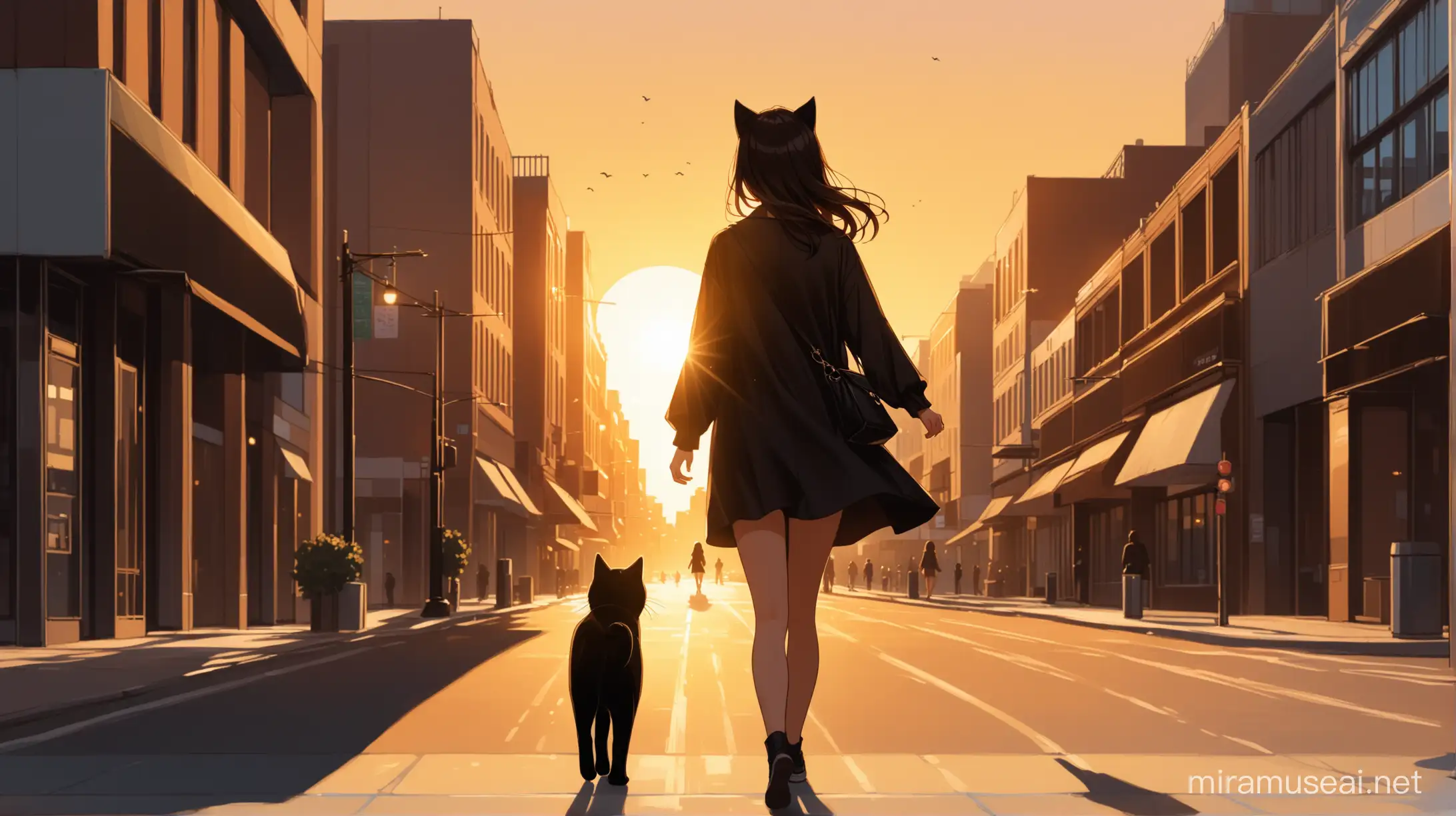 /image a girl walking in downtown in golden hour, a black cat with her