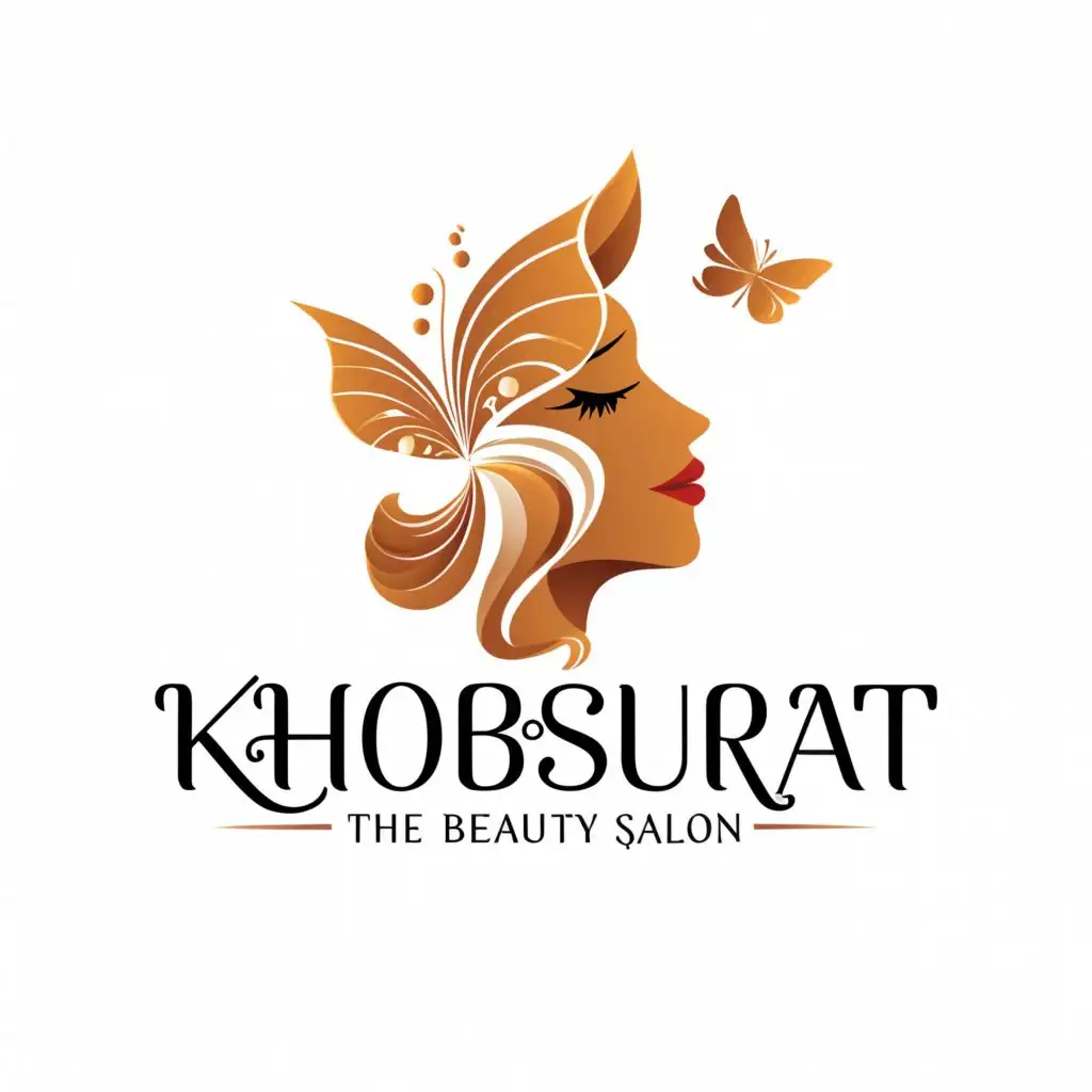 a logo design,with the text 'khoobsurat The beauty salon ', main symbol: women with butterfly ,complex,clear background