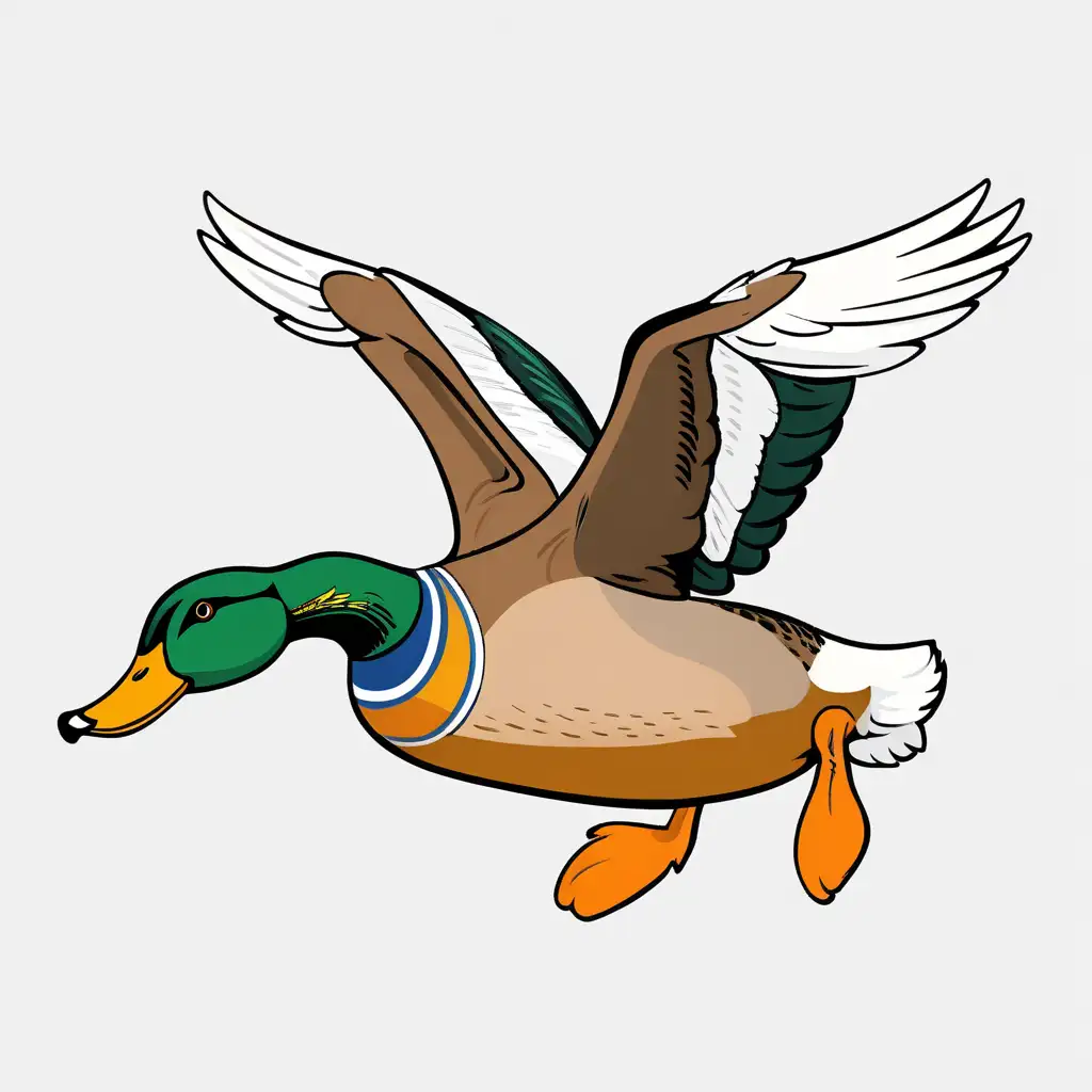 Cheerful Cartoon Flying Mallard Duck in a Blue Sky