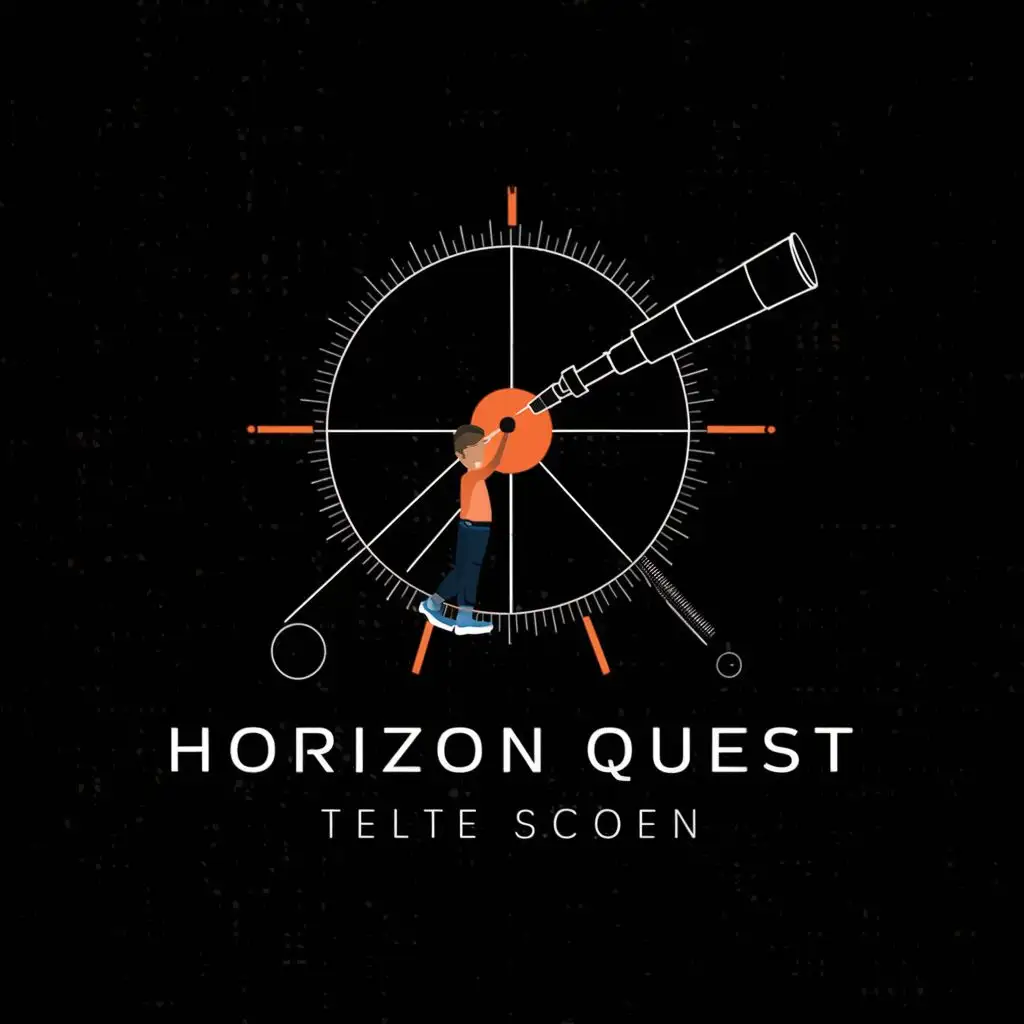 logo, A protractor with extending lines as it it were the sun…. One of the lines should be a telescope… the backdrop should be subtle yet techy, with the text "Horizon Quest", 

add a boy looking from the telescope